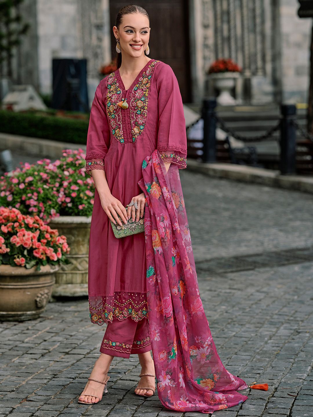 Indo Era Women Floral Yoke Design Regular Thread Work Kurta with Trousers & With Dupatta