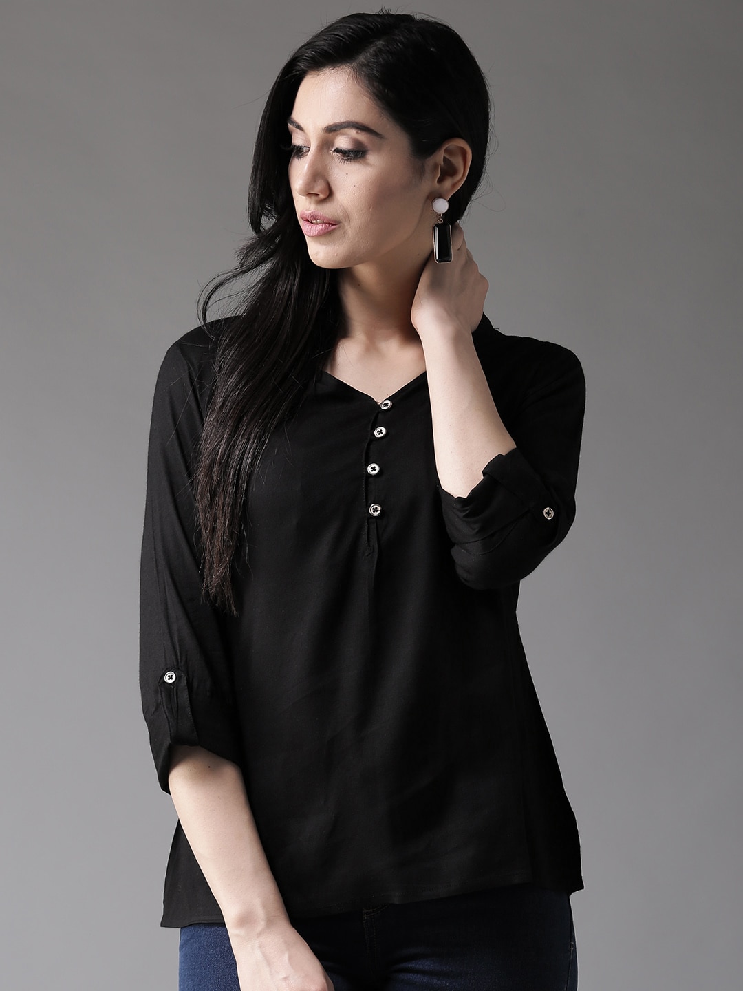 HERE&NOW Women Black Solid Shirt Style Top