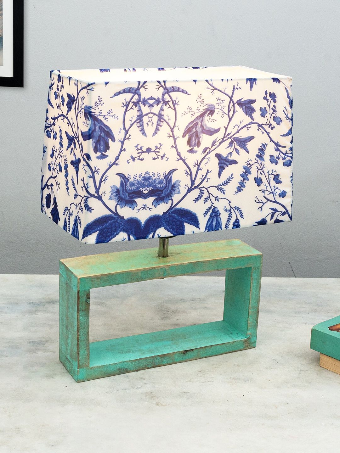 Homesake Blue & White Printed Wood French Country Rectangle Table Lamp With Bulb-image-10