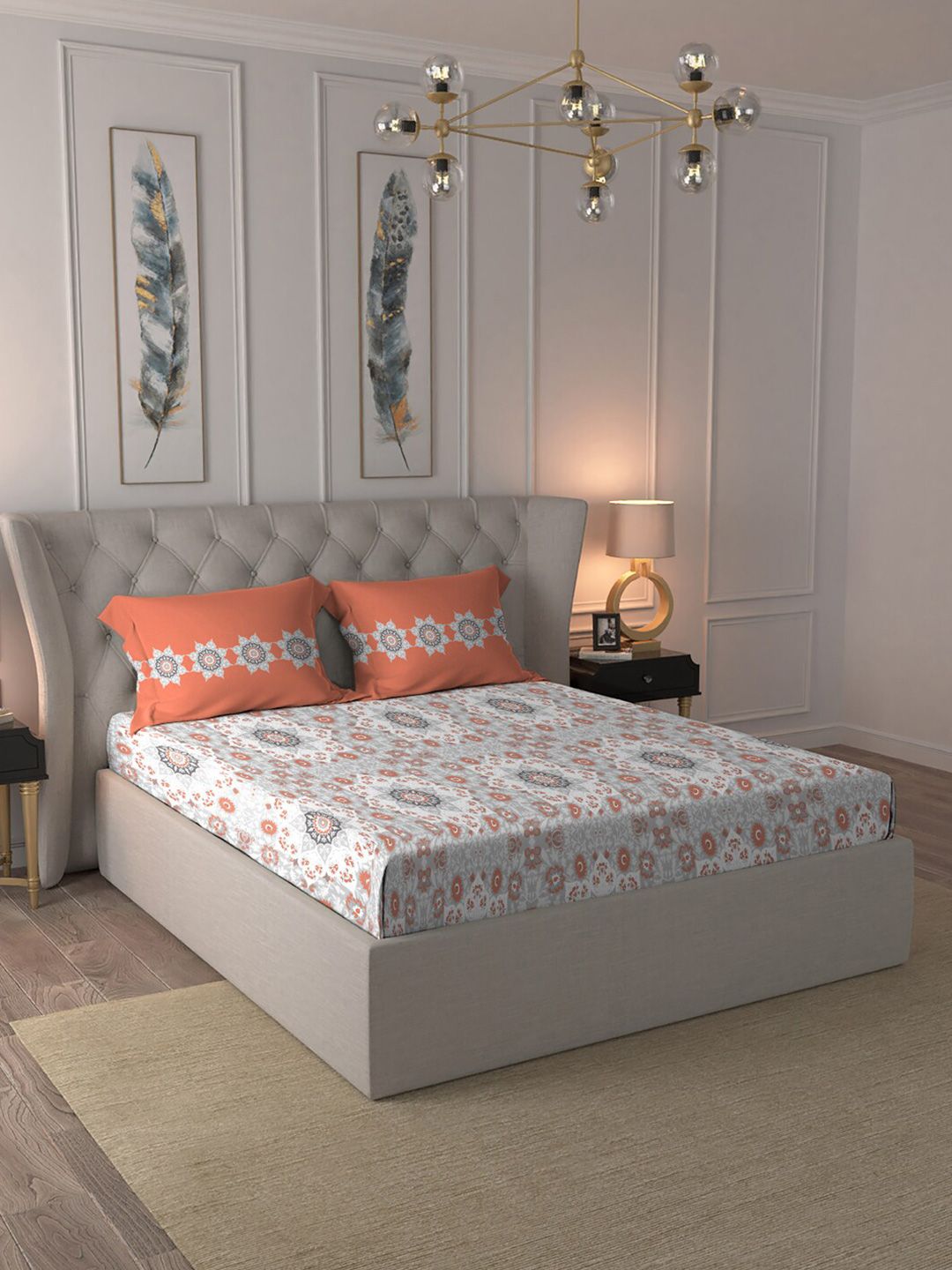 MYTRIDENT Grey  White Floral Pure Cotton 144 TC Queen Bedsheet With 2 Pillow Covers-picture-11