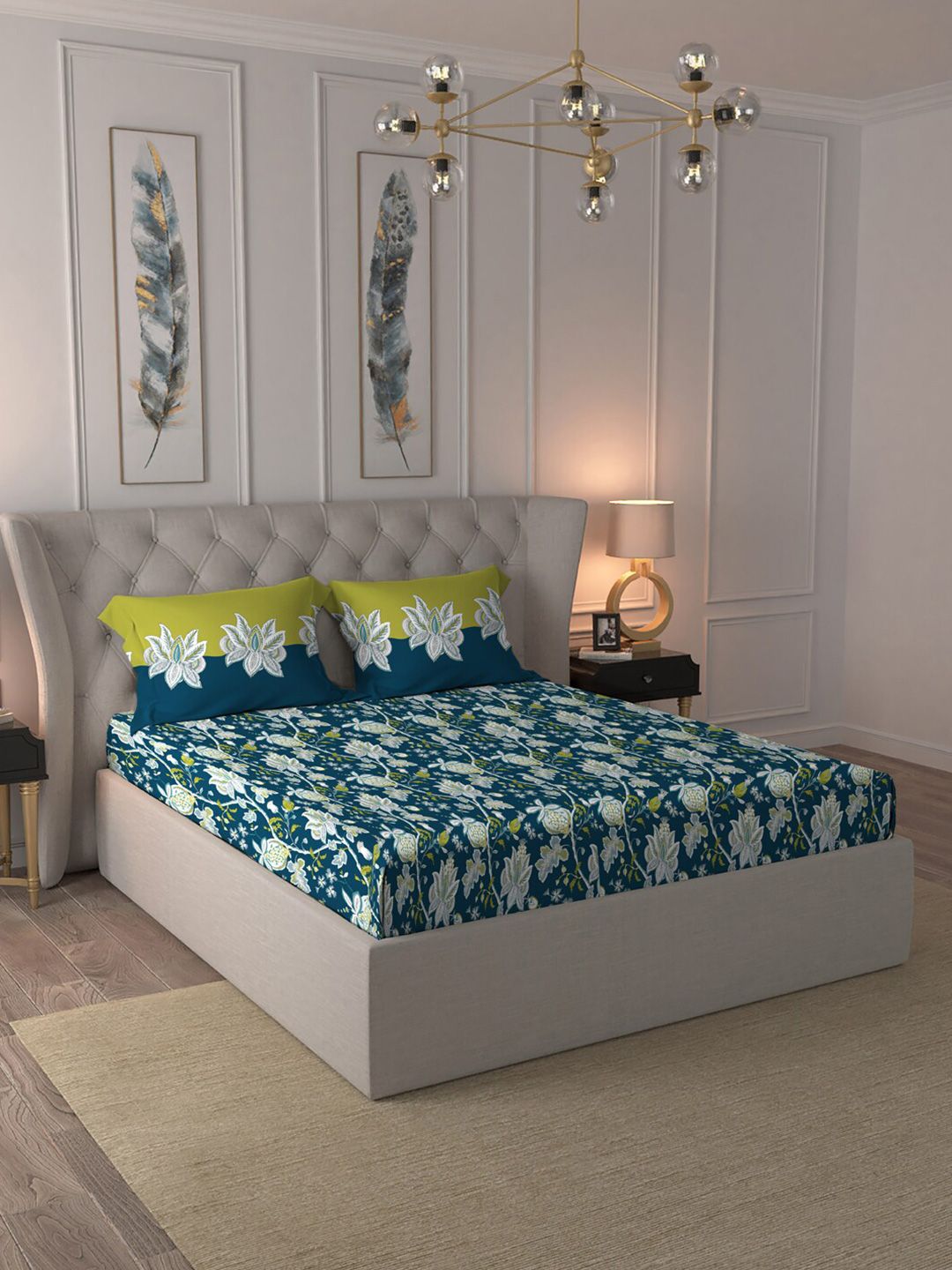 MYTRIDENT Blue  White Floral Cotton 144 TC Queen Bedsheet With 2 Pillow Covers