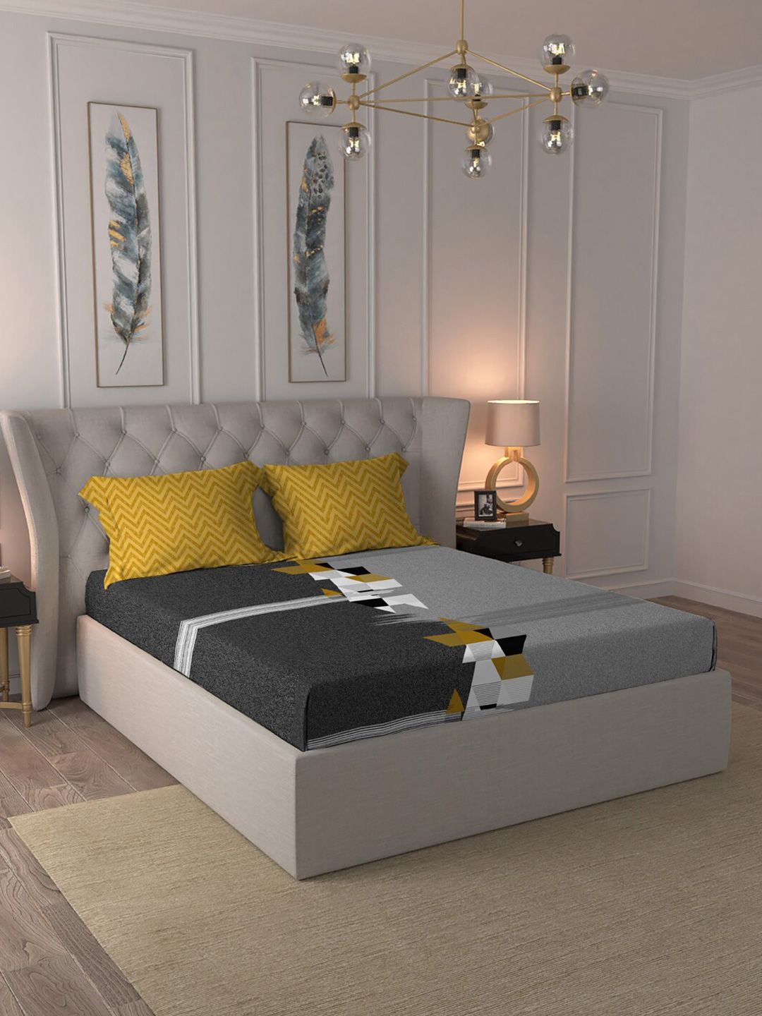 MYTRIDENT Grey Melange  White Geometric Cotton 144 TC Queen Bedsheet With 2 Pillow Covers-picture-24