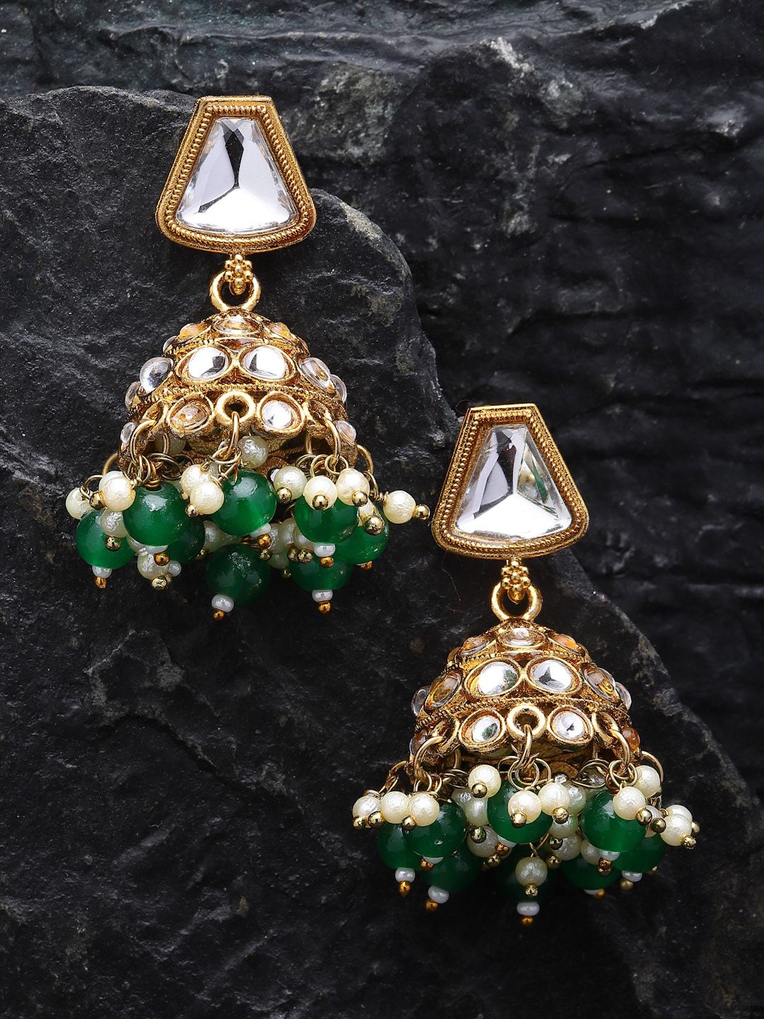 ZENEME Green Dome Shaped Jhumkas Earrings-picture-32