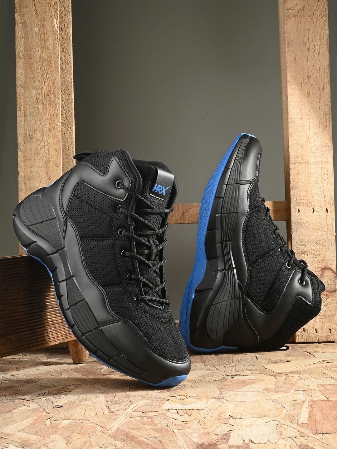HRX by Hrithik Roshan Men Black & Blue Mid Top Mesh Basketball Shoes-picture-18
