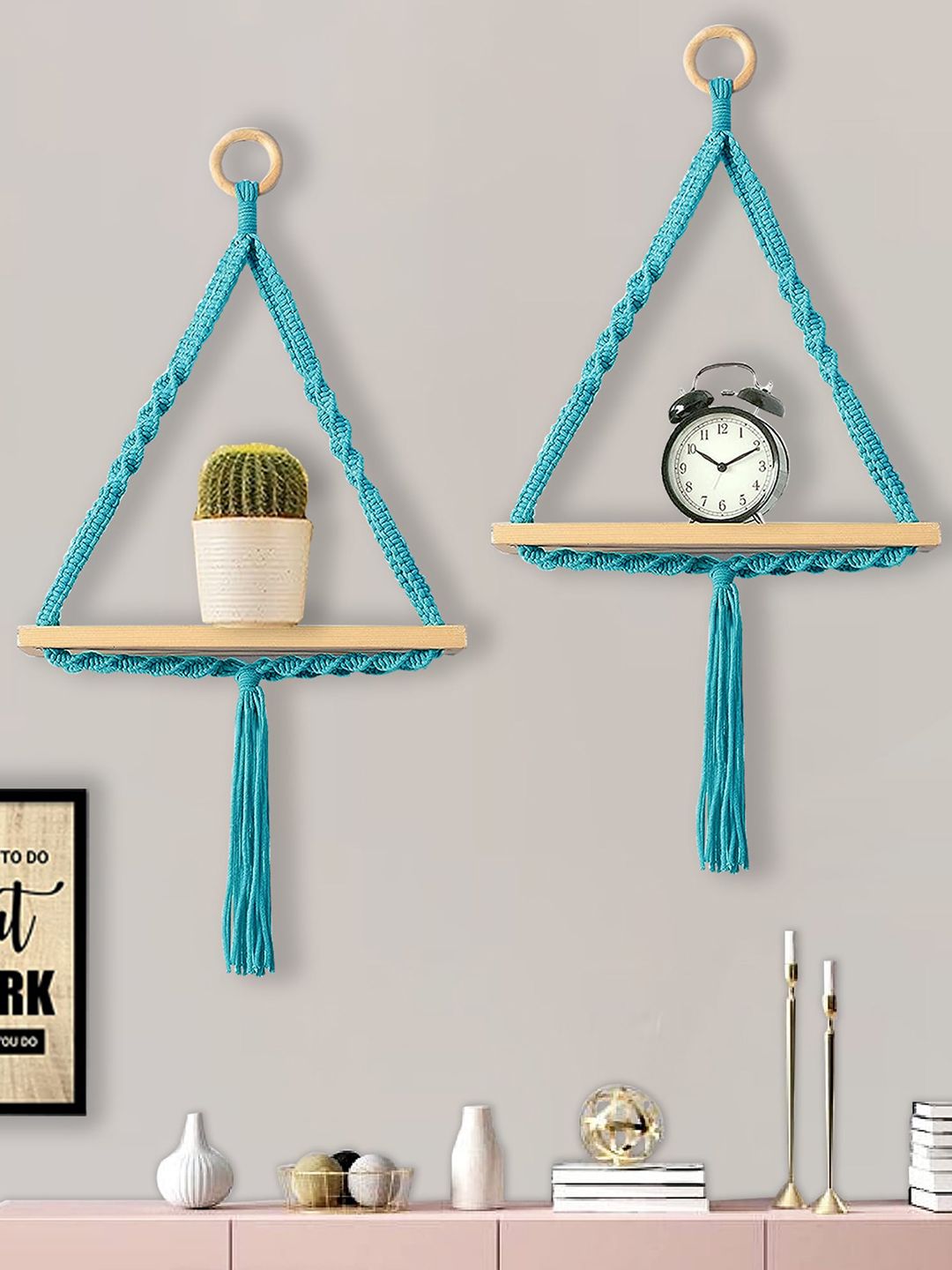 Homesake Turquoise Blue & Beige 2 Pieces Wood Pocket Wall Shelves