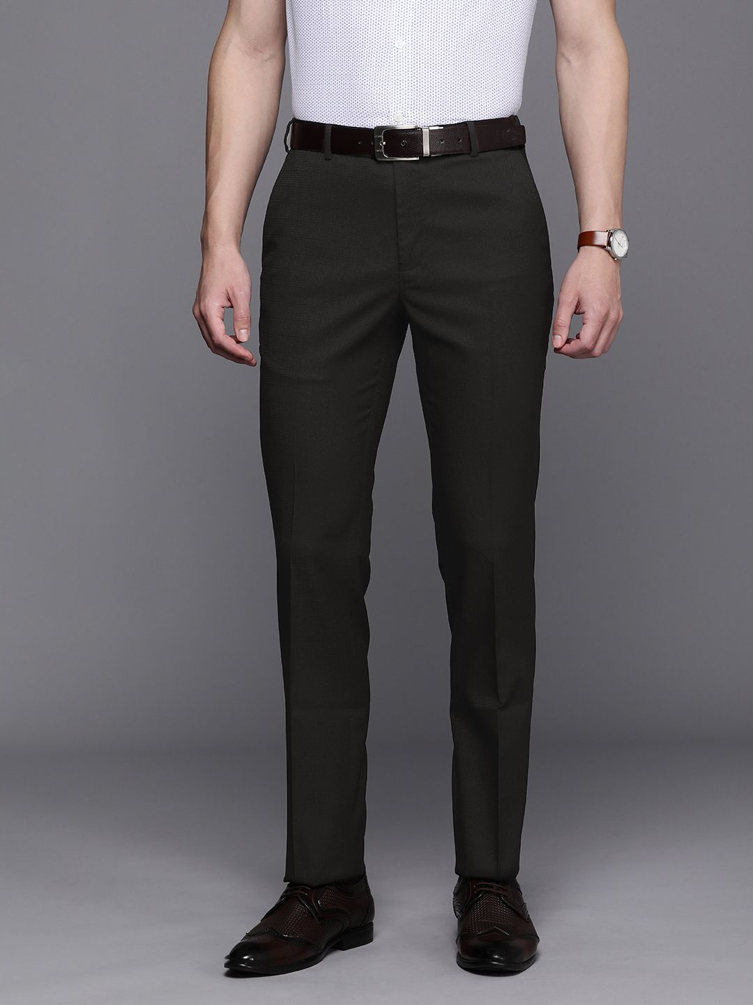 Raymond Men Mid-Rise Self Design Slim Fit Textured Formal Trousers-picture-17