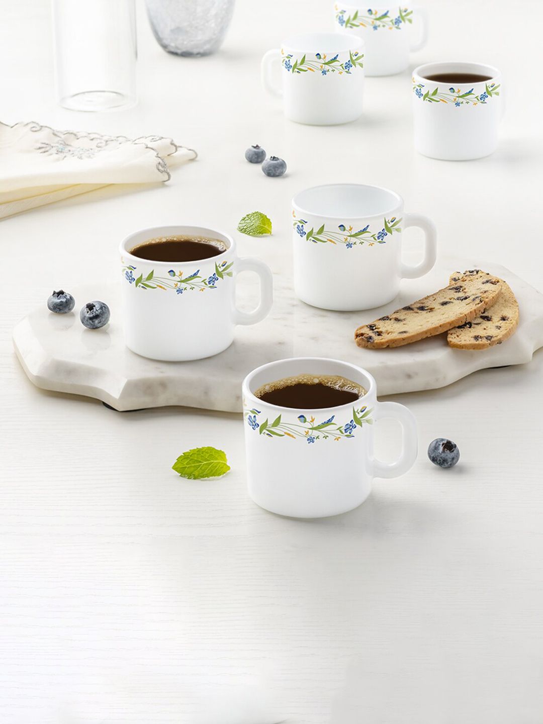 Larah by BOROSIL Green & White 6-Pieces Floral Printed Opalware Matte Mugs 100 ml-picture-32
