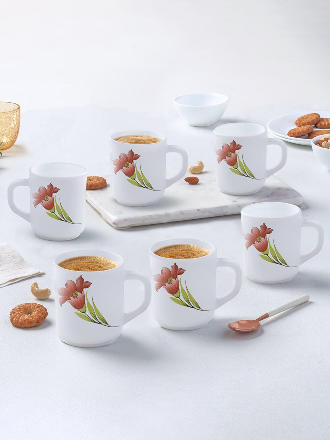 Larah by BOROSIL Red & White 6-Pieces Floral Printed Opalware Matte Mugs 240 ml-image-48