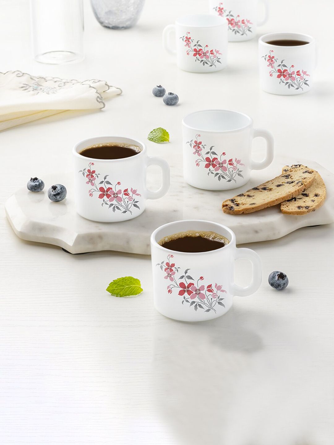 Larah by BOROSIL Pink & White 6 Pieces Floral Printed Opalware Matte Mugs 100ml-picture-33