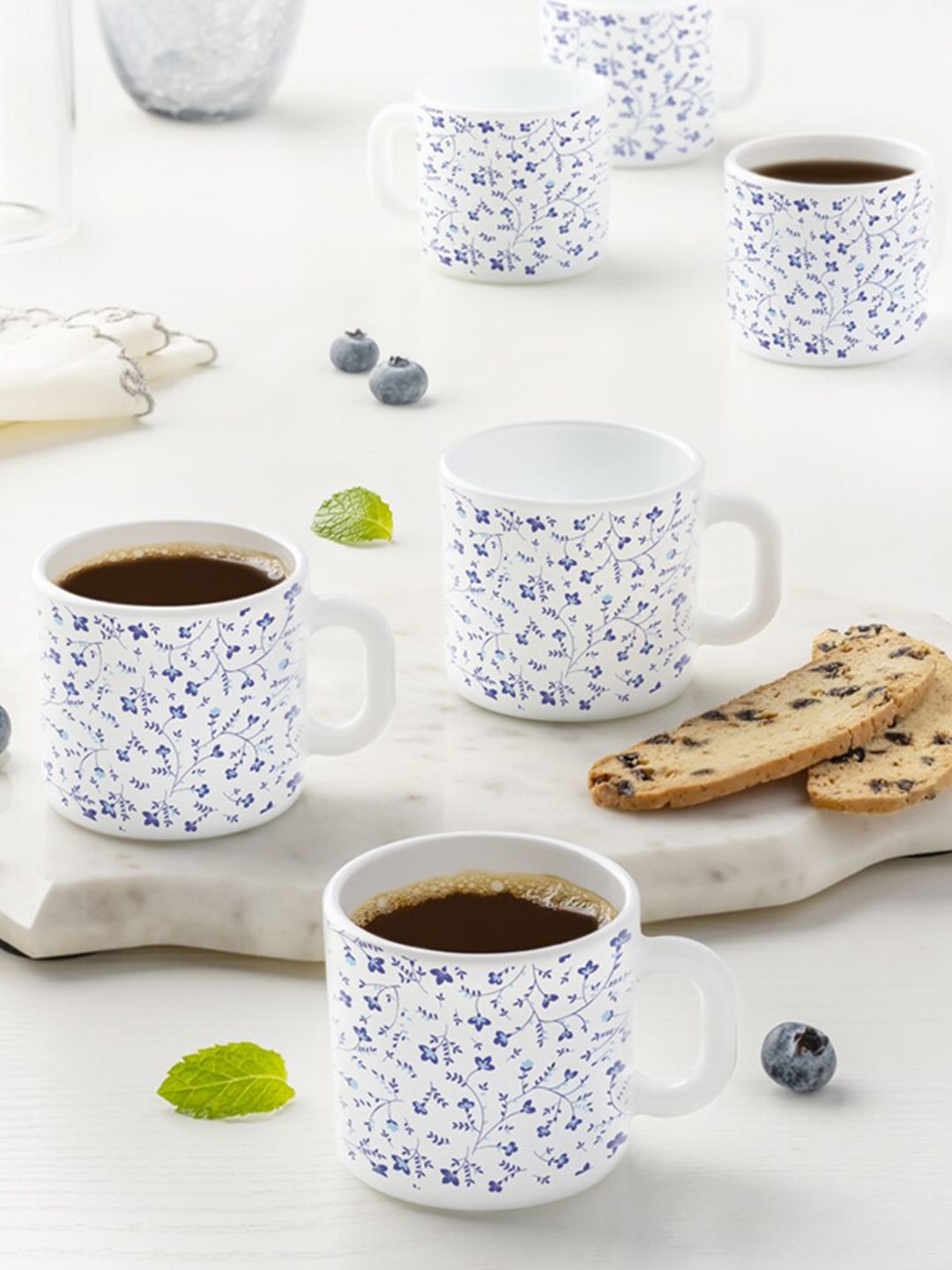 Larah by BOROSIL Spring 6 Pcs White & Blue Floral Print Opalware Coffee Mugs - 100 ML Each-picture-26