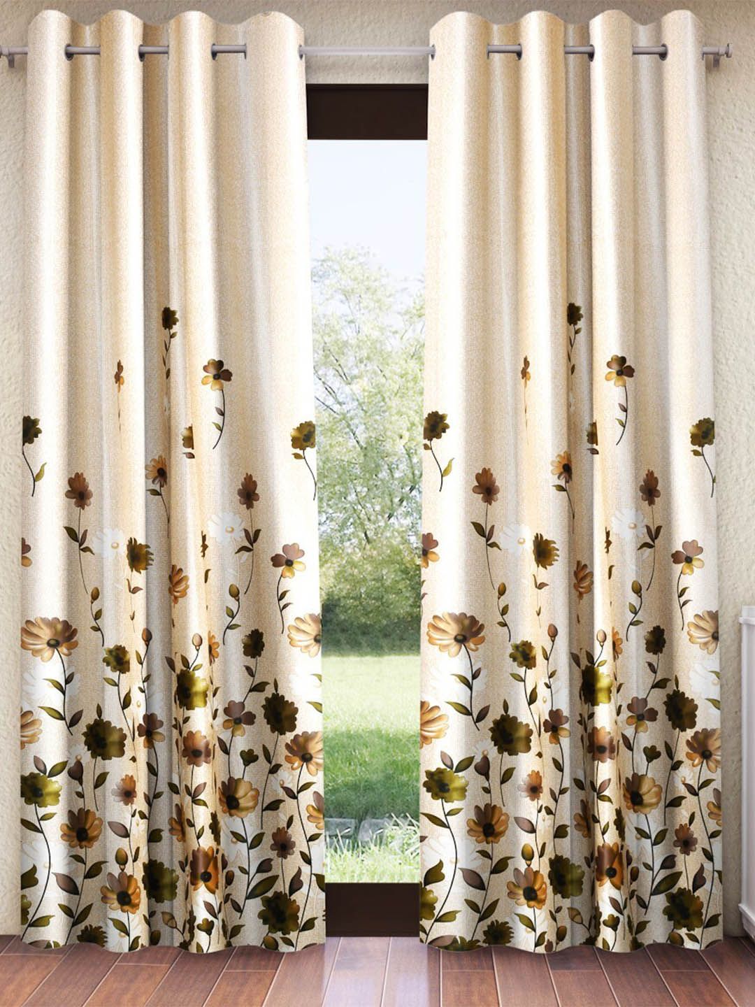 Home Sizzler Cream-Coloured & Olive Green 2 Pieces Floral Room Darkening Door Curtain