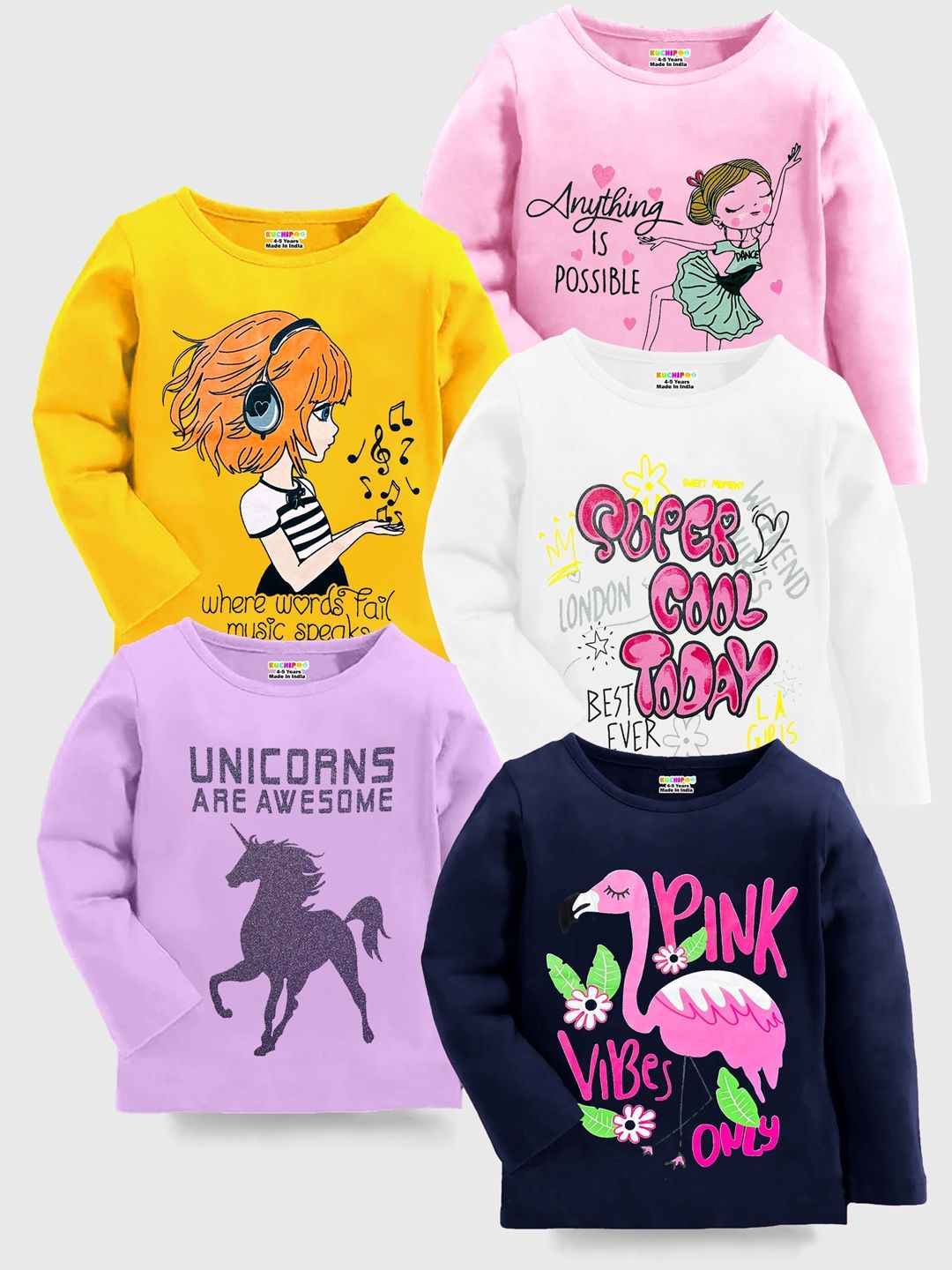 KUCHIPOO Girls Pack of 5 Printed Round Neck Casual T-shirt-picture-15