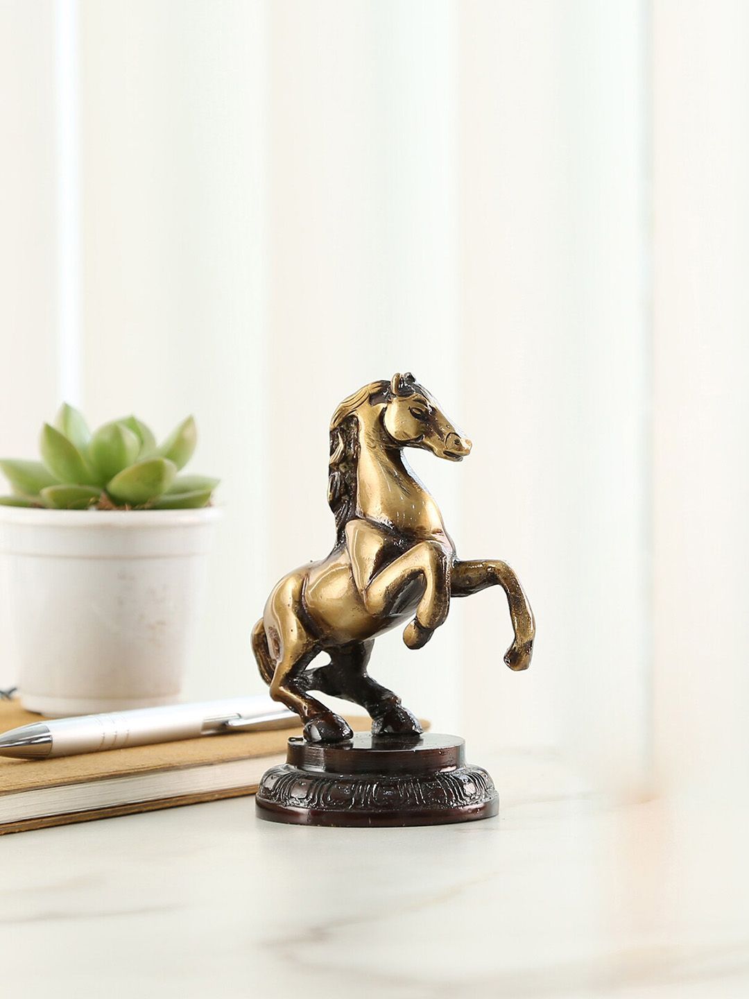 Two Moustaches Brown Textured Brass Uplifted Legs Horse Figurine Showpiece-image-22
