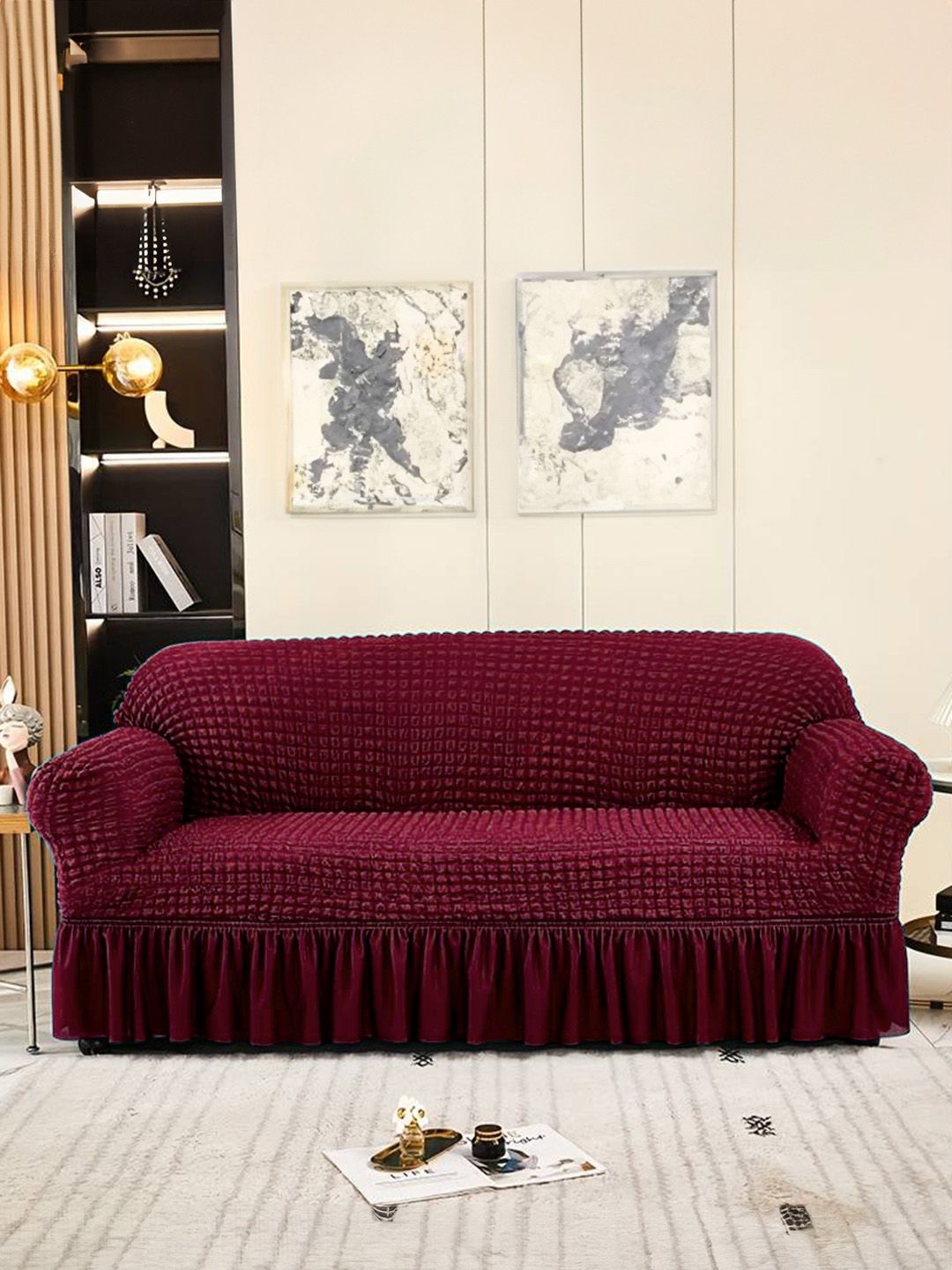 Cortina Maroon Self Design Stretchable 2-Seater Sofa Cover