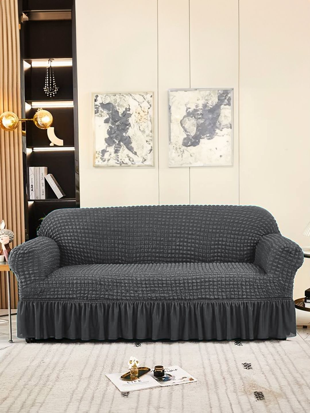 Cortina Grey Self-Design Stretchable 3-Seater Sofa Cover-image-48