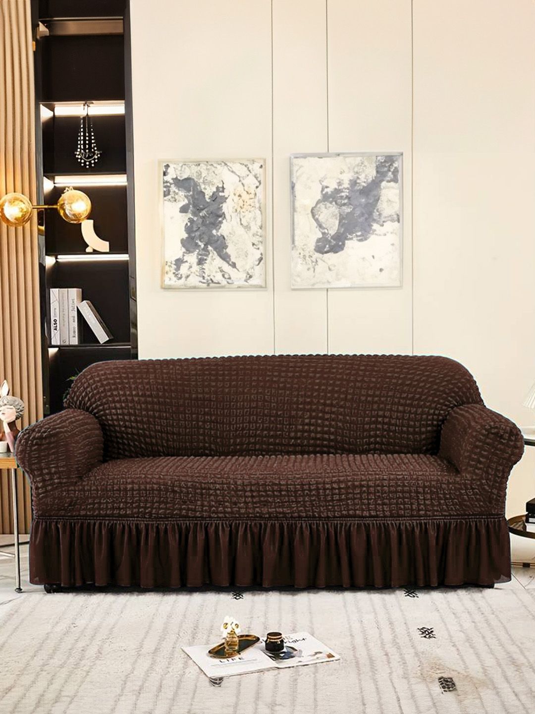 Cortina Brown Stretchable 3-Seater Sofa Cover with Skirt