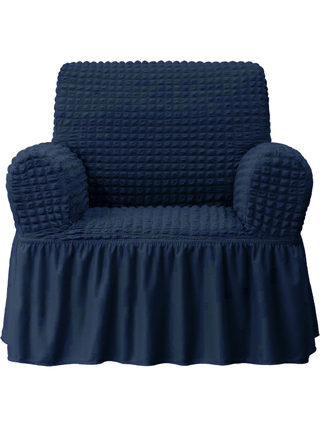 Cortina Navy Blue Ruffle 1-Seater Stretchable Sofa Cover With Skirt-image-7