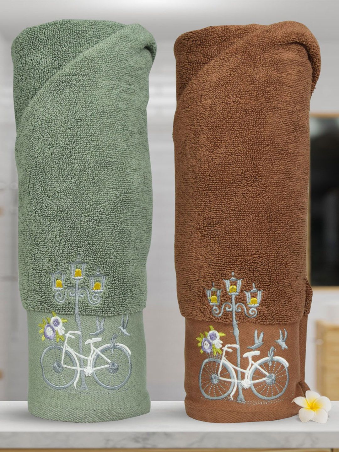 RANGOLI Brown & Green 2 Pieces Pure Cotton Bath Towels-image-42