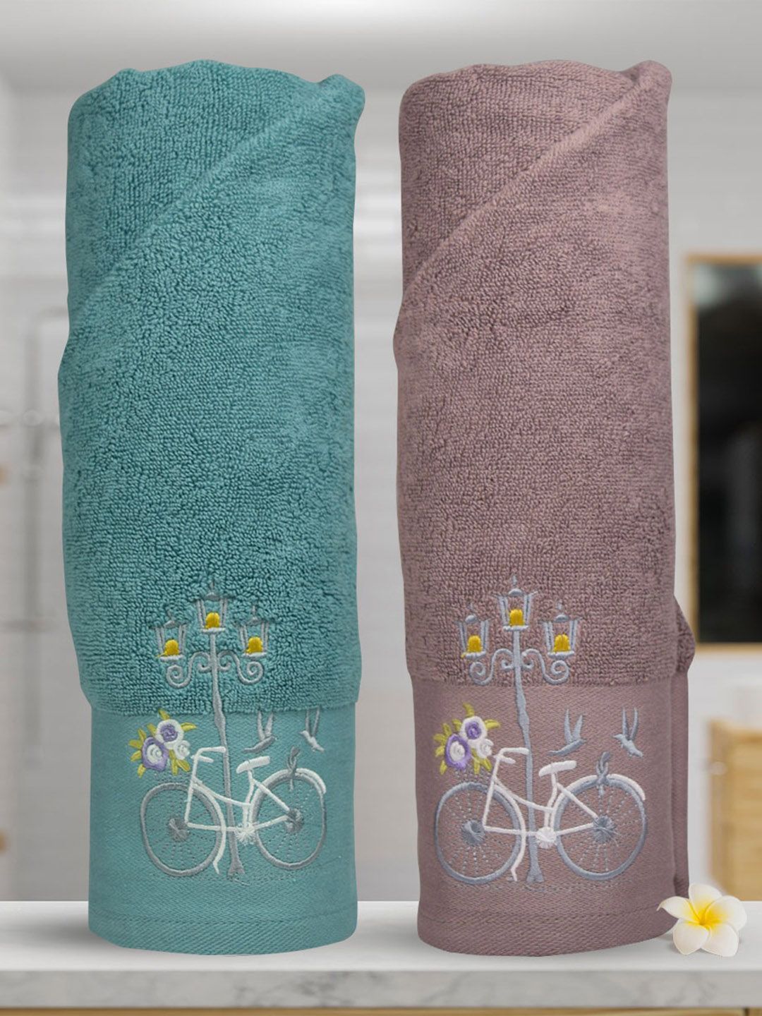 RANGOLI Turquoise & Brown 2 Pieces Pure Cotton Bath Towels-image-43