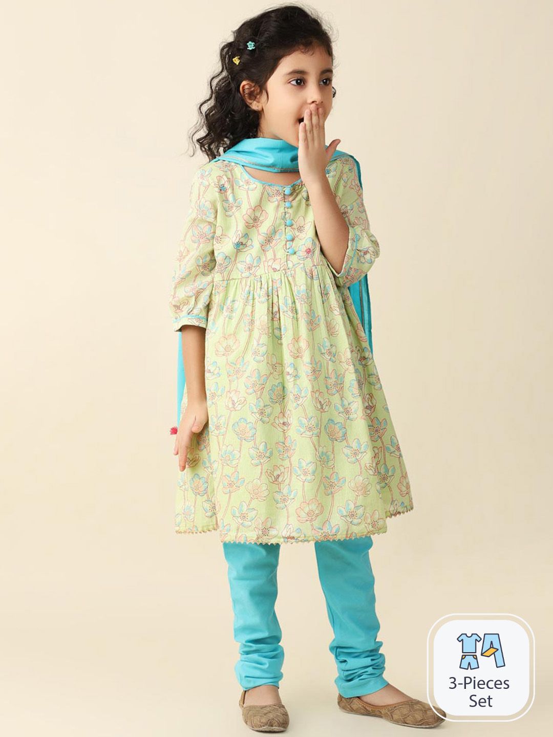 Fabindia Girls Floral Printed Gotta Patti Pure Cotton Kurta with Churidar & With Dupatta-picture-29