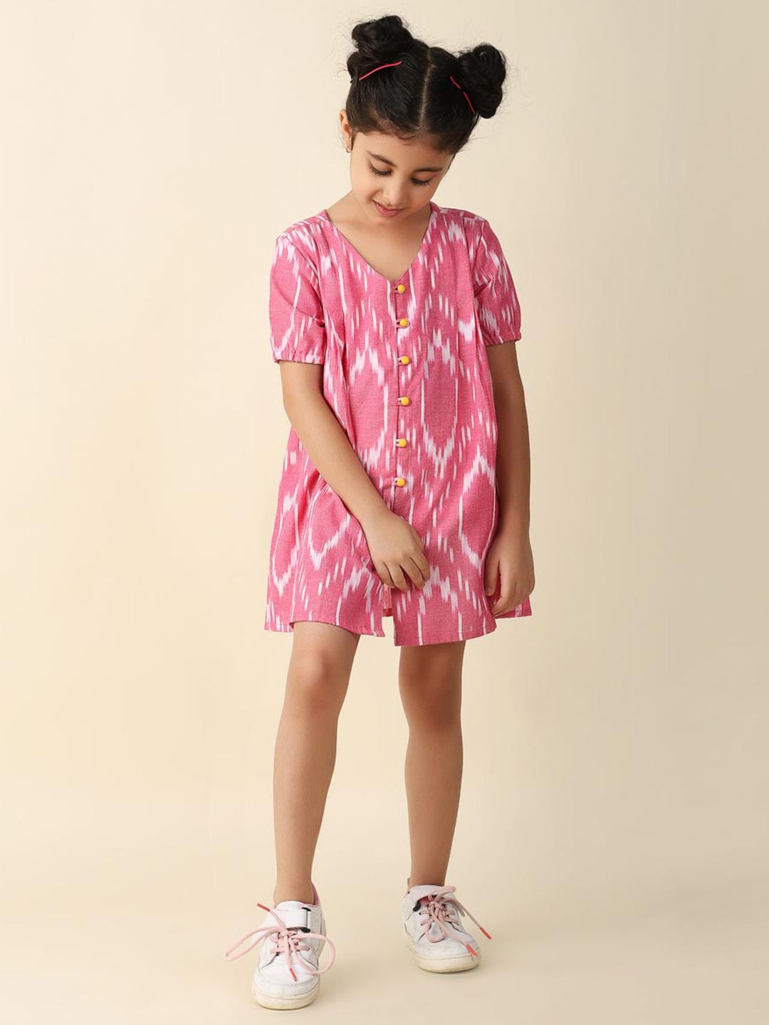 Fabindia Girls Ethnic Motifs Ikkat Printed V-Neck Cotton A-Line Dress-picture-35