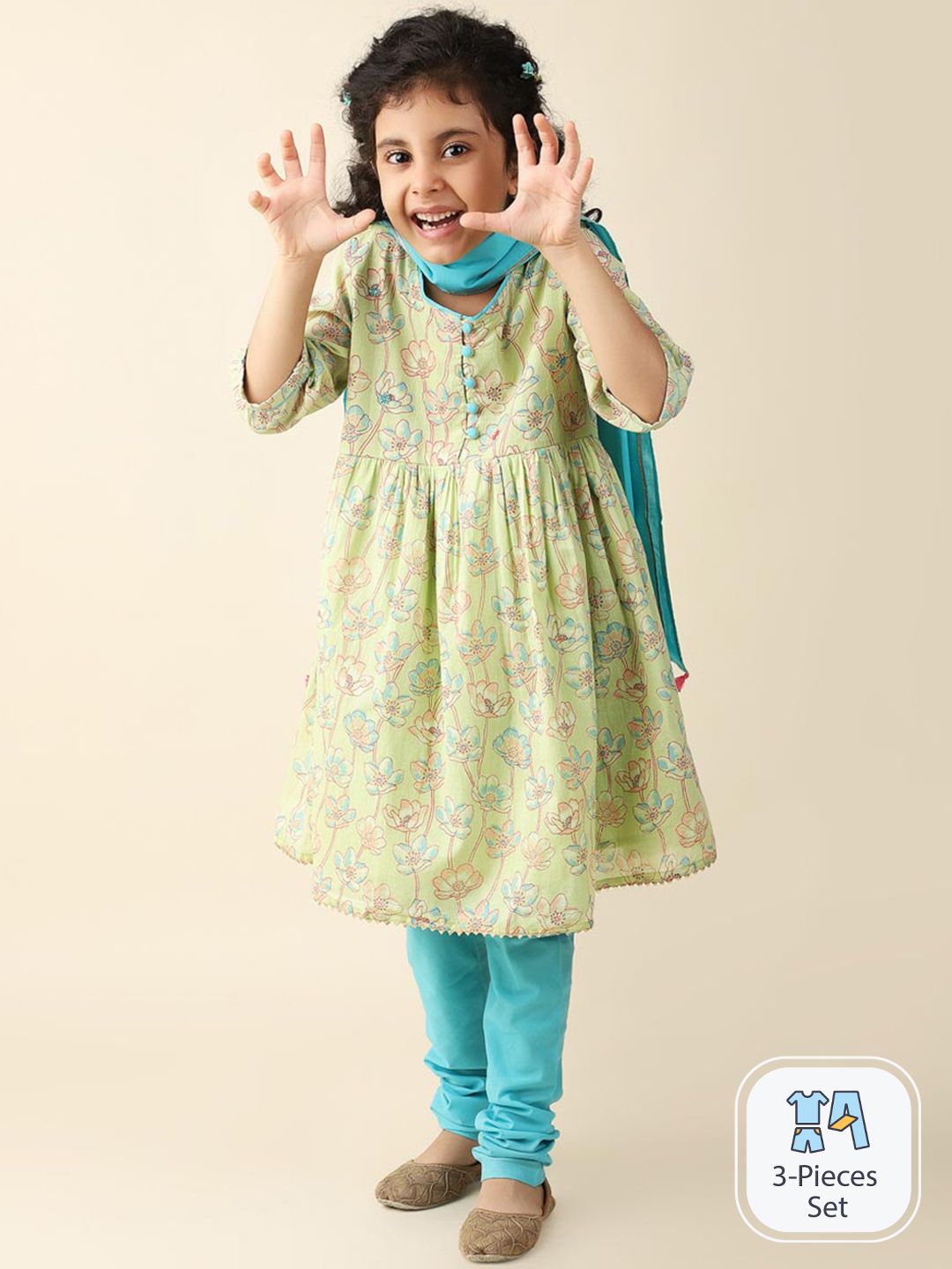 Fabindia Girls Ethnic Motifs Printed Pure Cotton Kurta With Churidar & Dupatta-picture-17