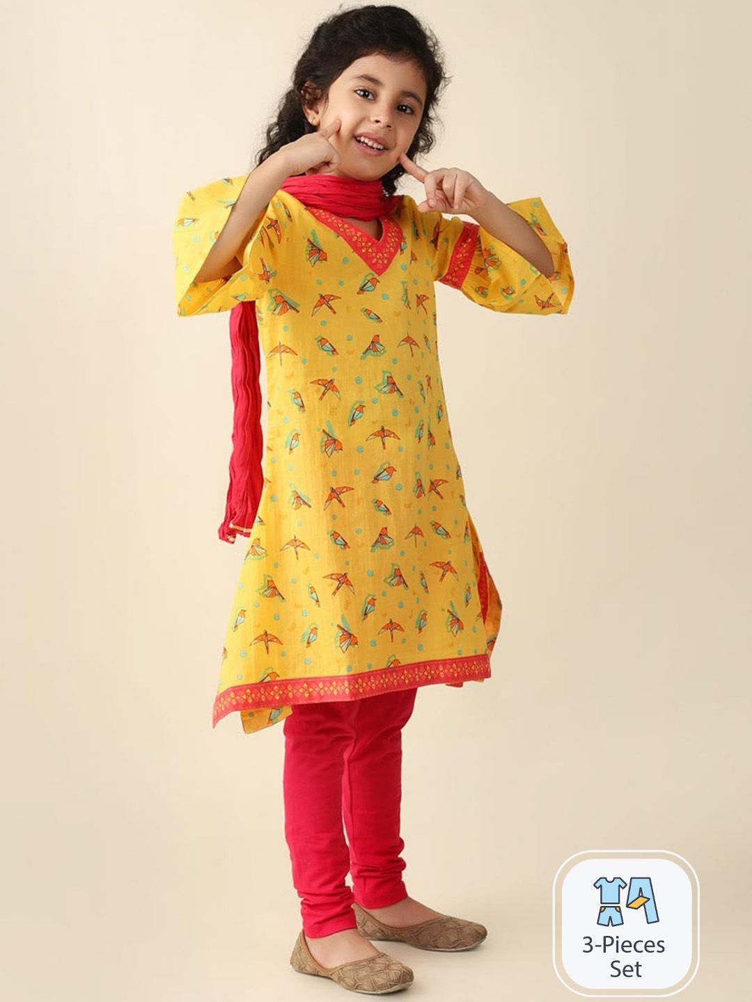 Fabindia Girls Geometric Printed V-Neck Pure Cotton Kurta with Churidar & Dupatta-image-41