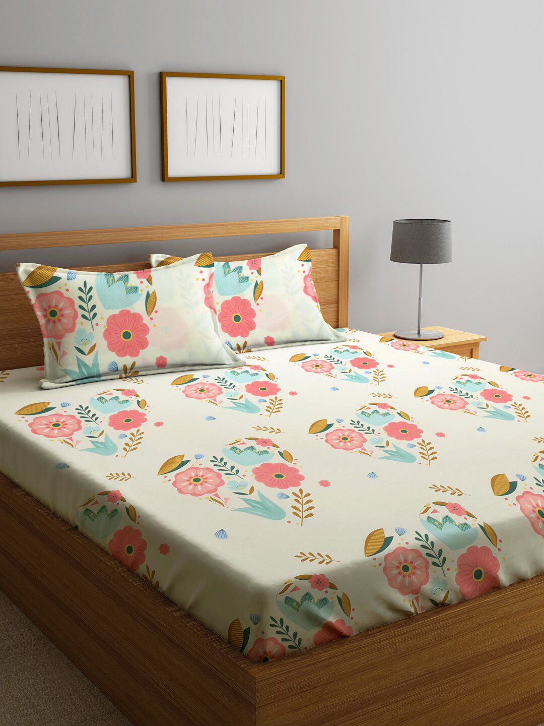 KLOTTHE White & Pink Printed 300 TC Double King Fitted Bedsheet With 2 Pillow Covers-picture-31