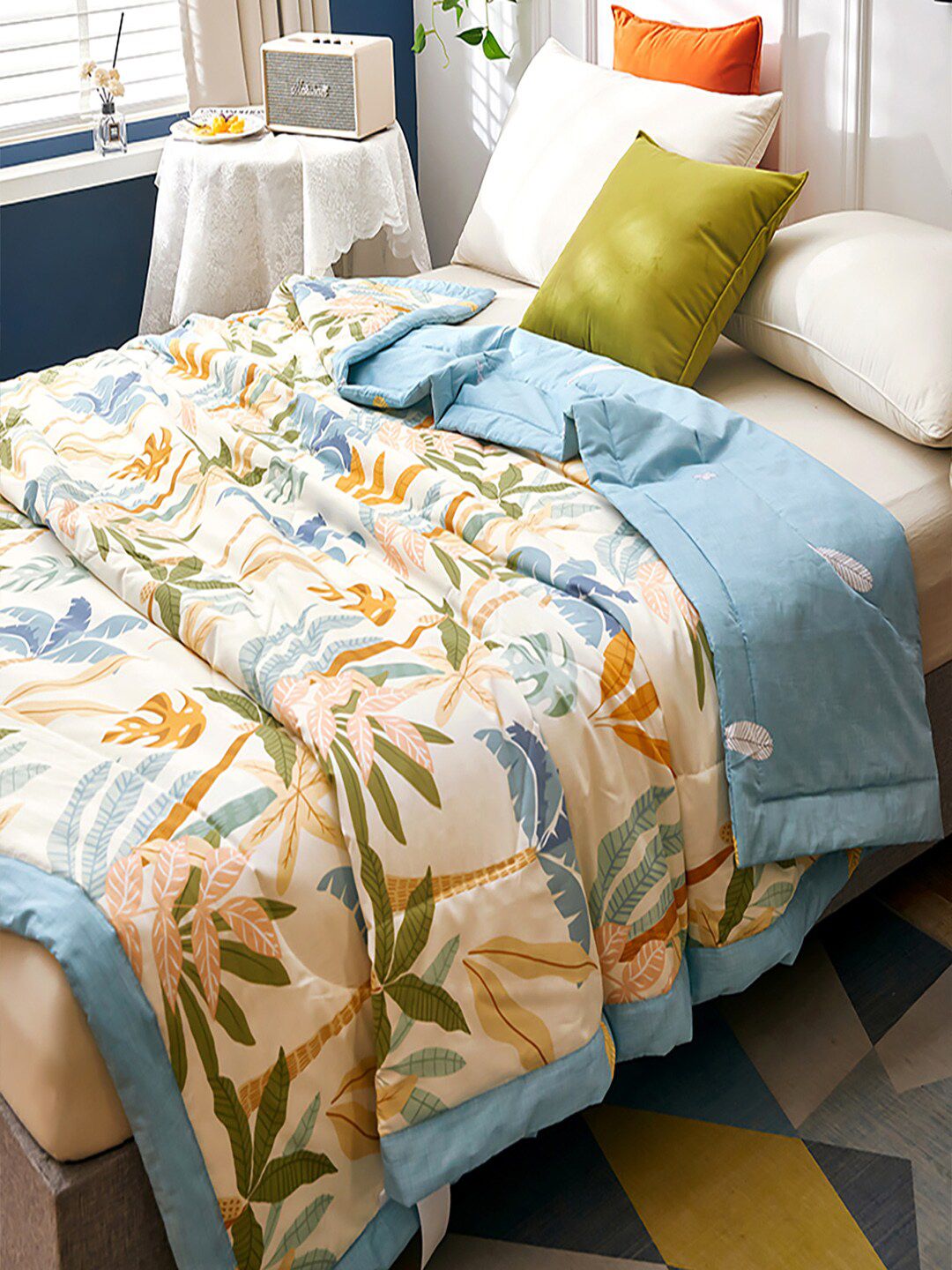 JC HOME White & Yellow Floral AC Room 350 GSM Pure Cotton Single Bed Quilt-picture-12