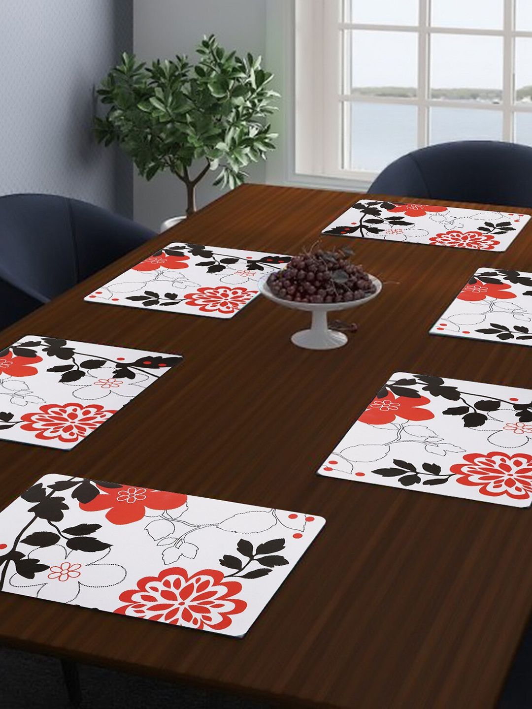 Dakshya Industries Red & White 6 Pieces Floral Rectangle Table Placemats-picture-35