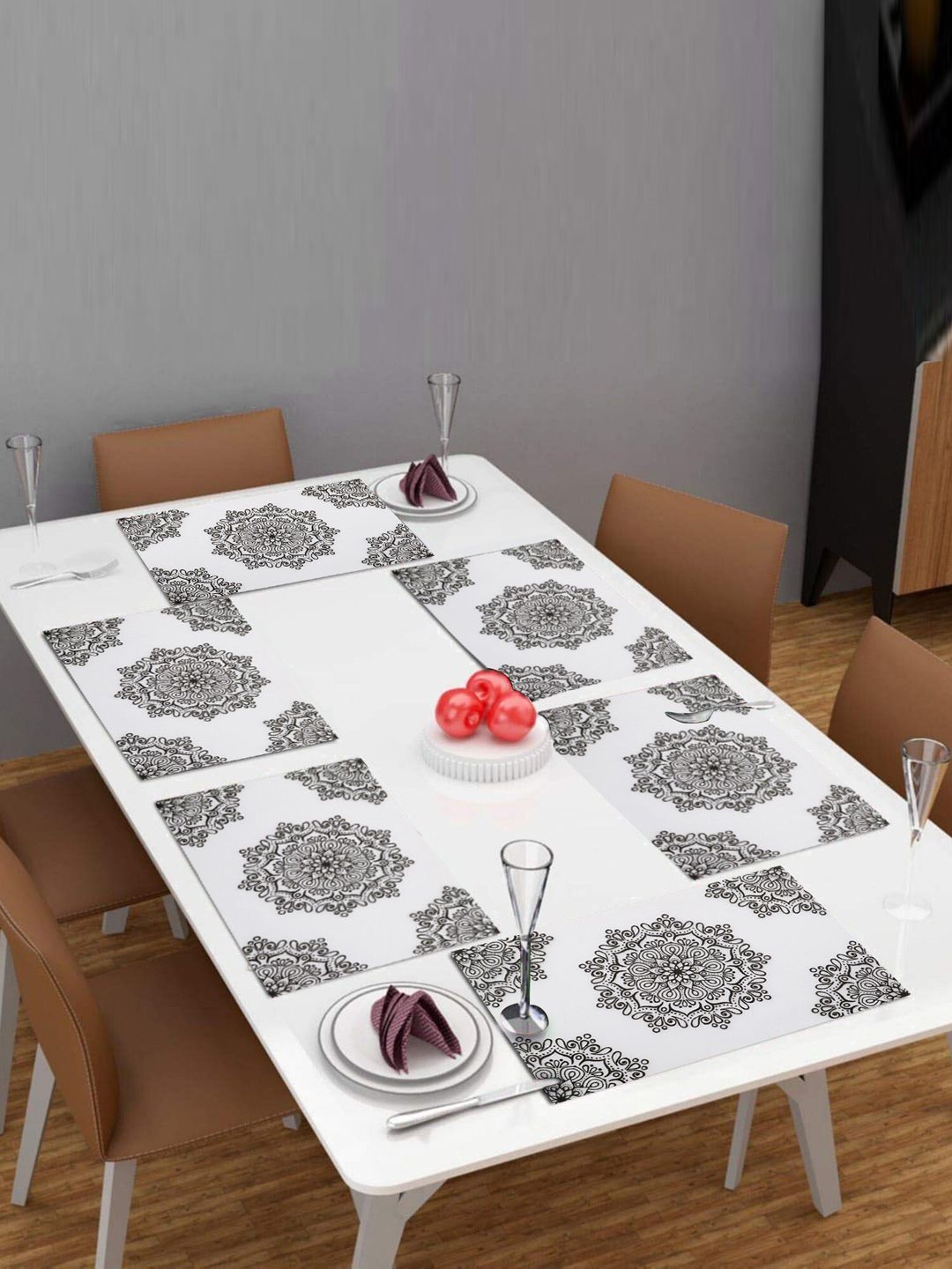 Dakshya Industries White & Black 6 Pieces Printed Table Placemats-picture-39