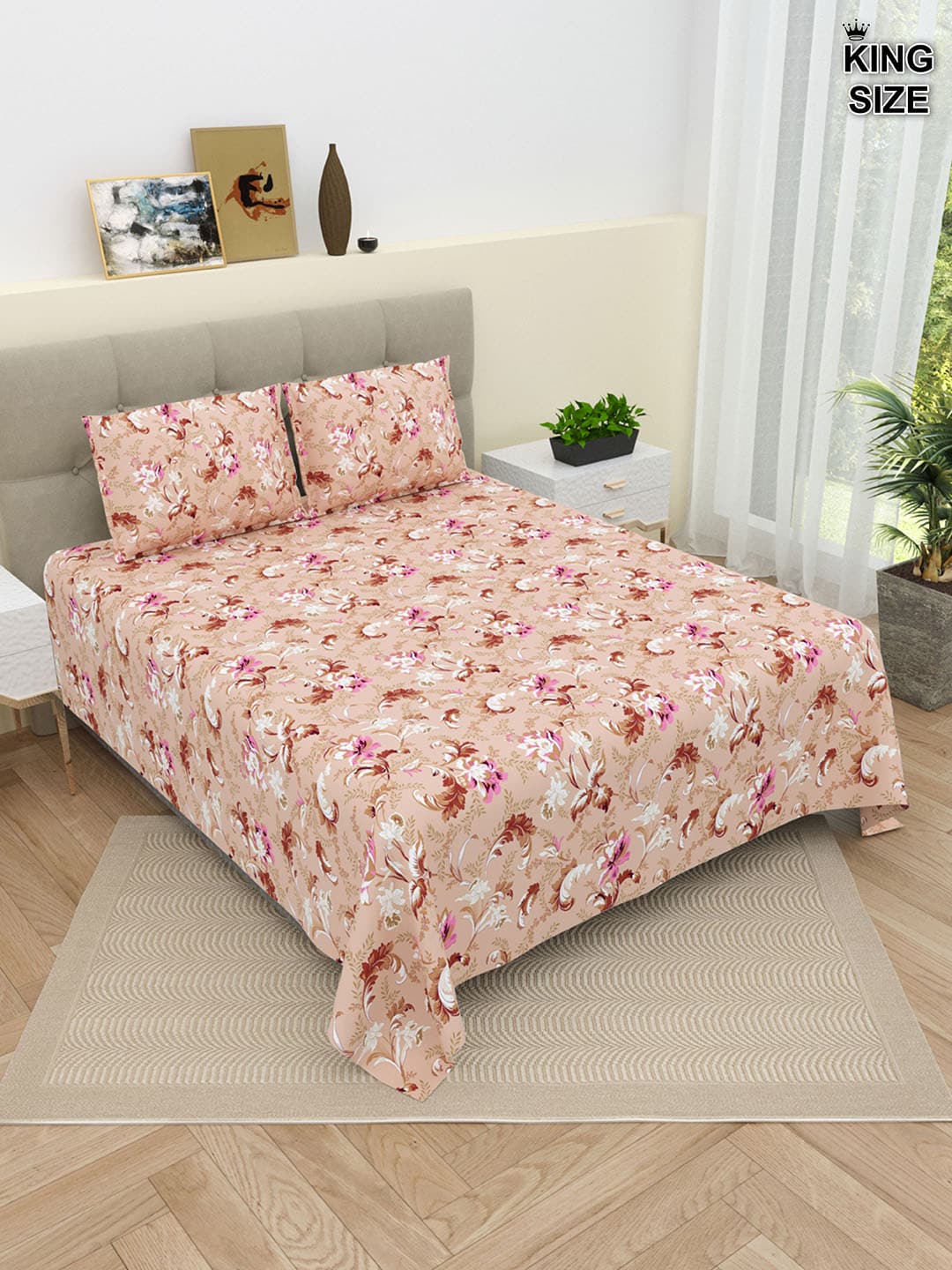 DREAM WEAVERZ Beige & Pink Floral Pure Cotton 220 TC King Bedsheet With 2 Pillow Covers