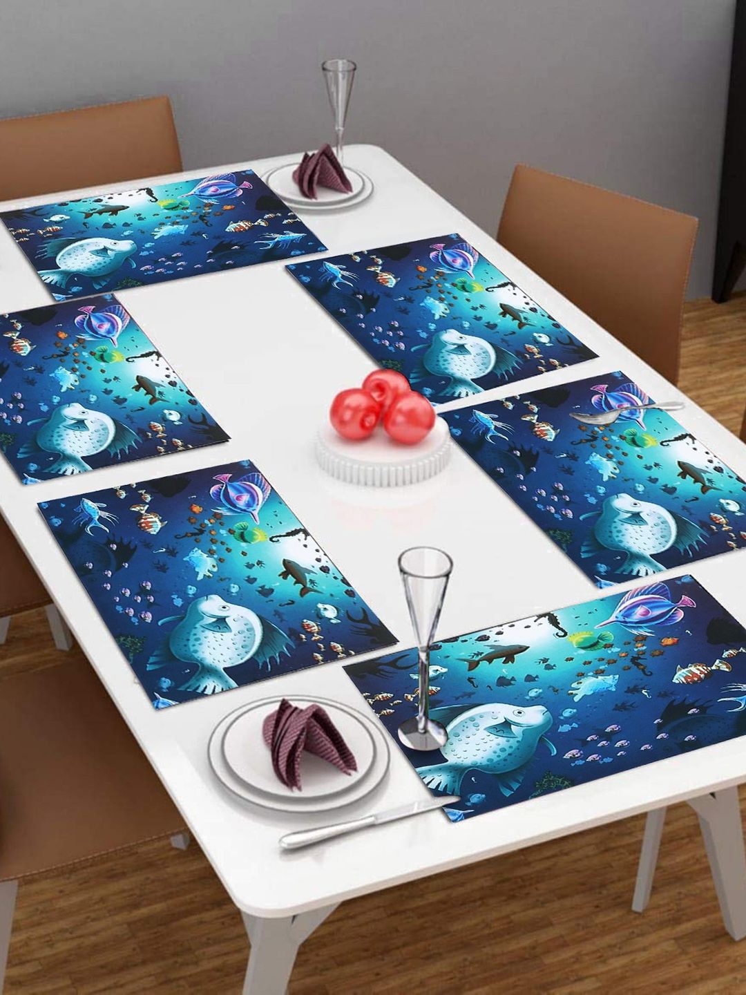 Dakshya Industries Blue 6 Pieces Fish Printed Rectangle Table Placemats-picture-22