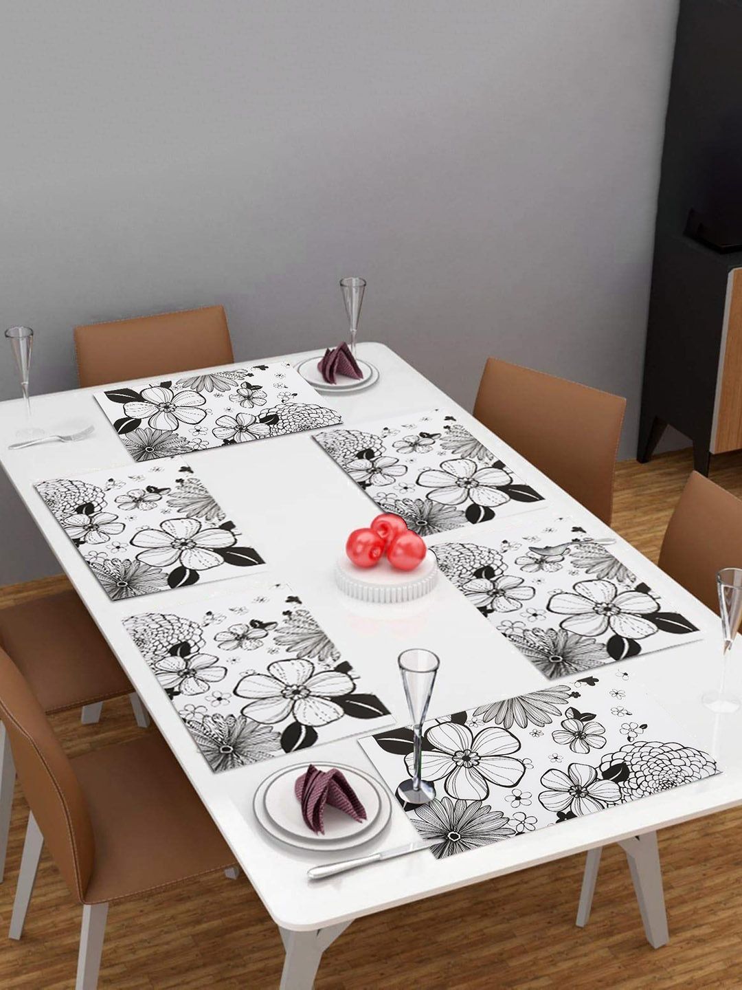 Dakshya Industries Beige & Black 6 Pieces Floral Rectangle Table Placemats-picture-41