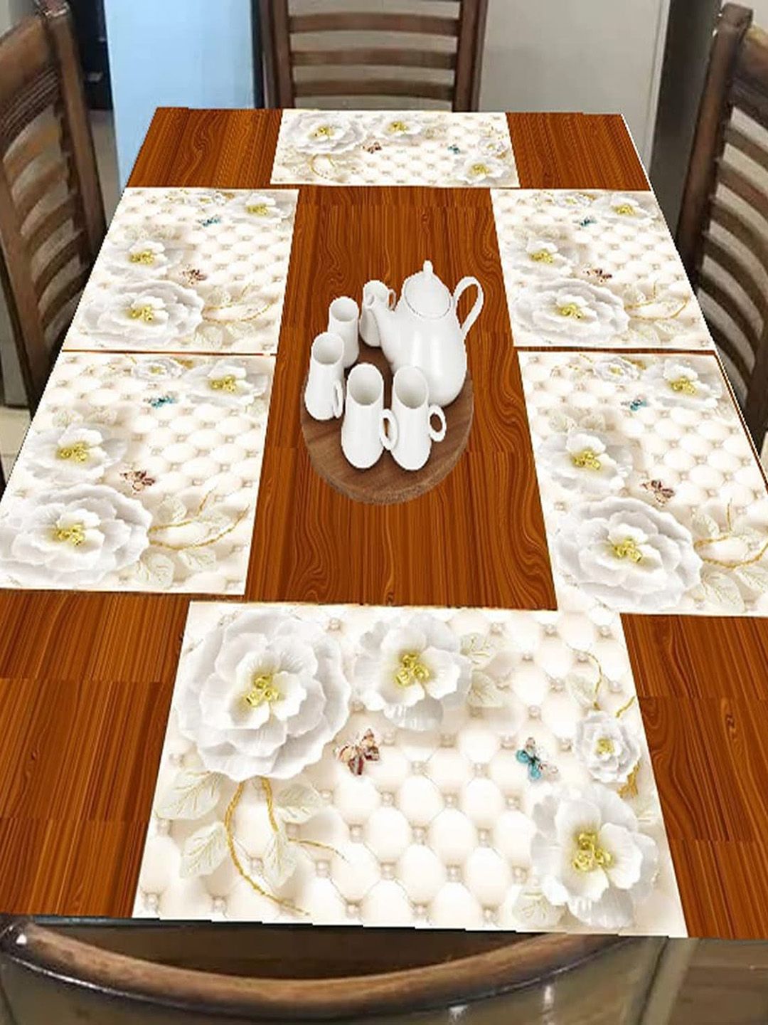 Dakshya Industries Cream-Coloured 6-Pieces Floral Rectangle Table Placemats-picture-34