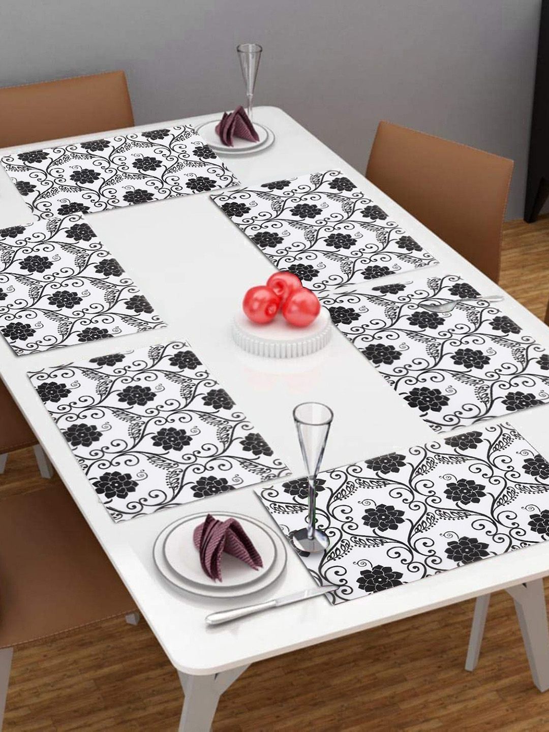Dakshya Industries Grey & White 6 Pieces Floral Printed Rectangle Table Placemats-image-27
