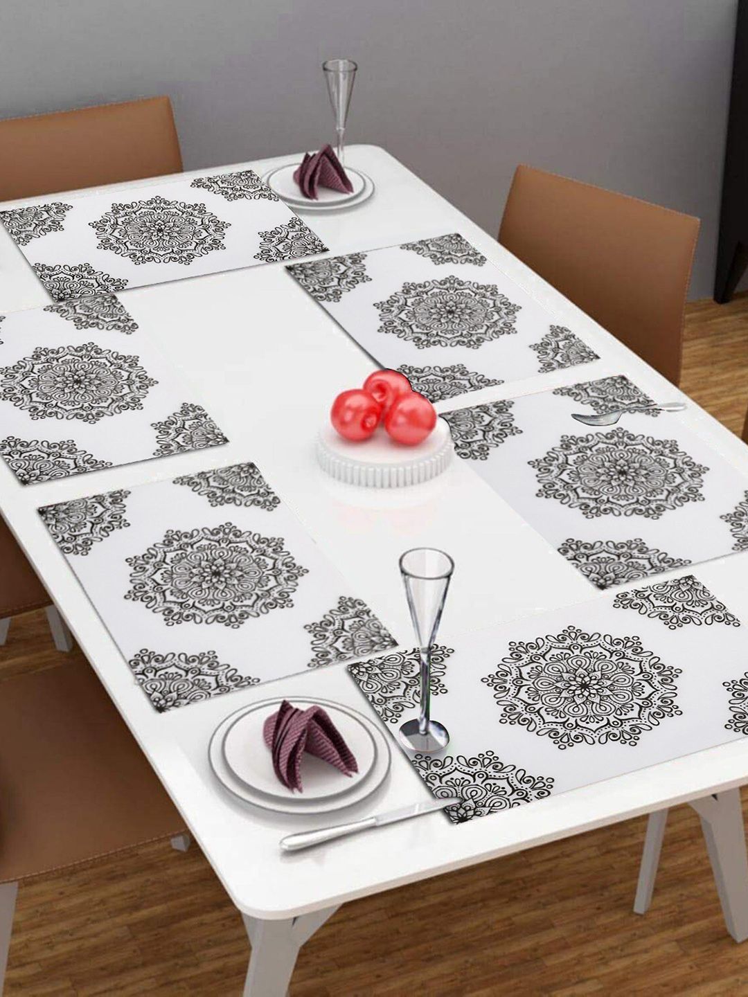 Dakshya Industries White & Black 6 Pcs Ethnic Motifs Printed Rectangular Table Placemats-picture-56