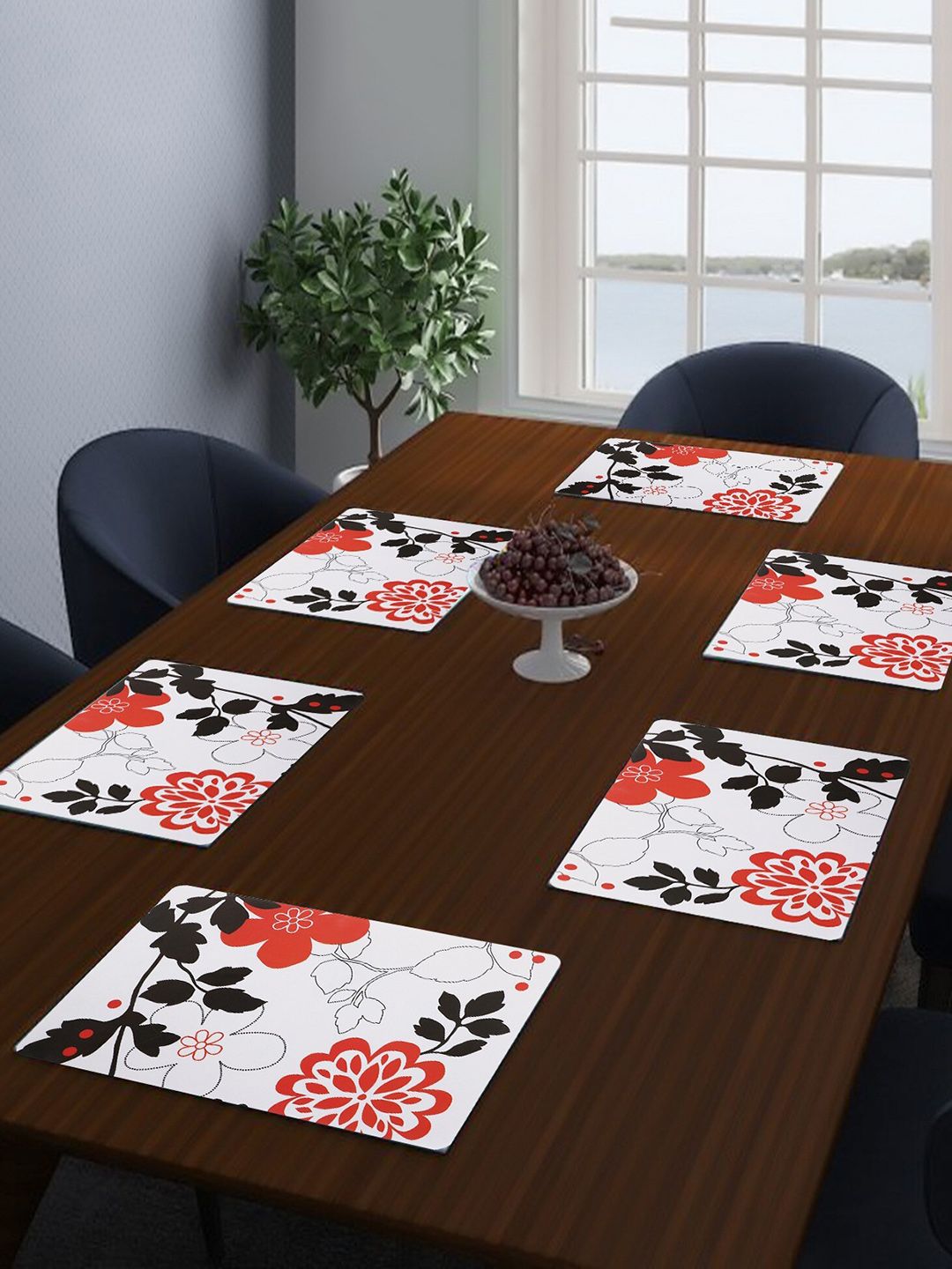 Dakshya Industries Red & White 6 Pieces Floral Printed Rectangular Table Placemats-picture-14