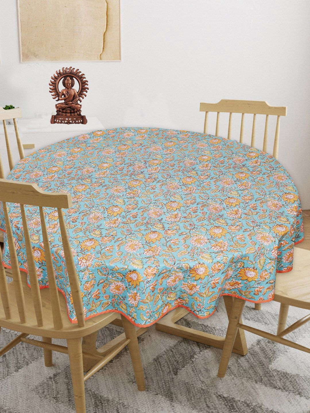 INDHOME LIFE Green & Orange Floral-Printed Pure-Cotton 4-Seater Table Cover-picture-23