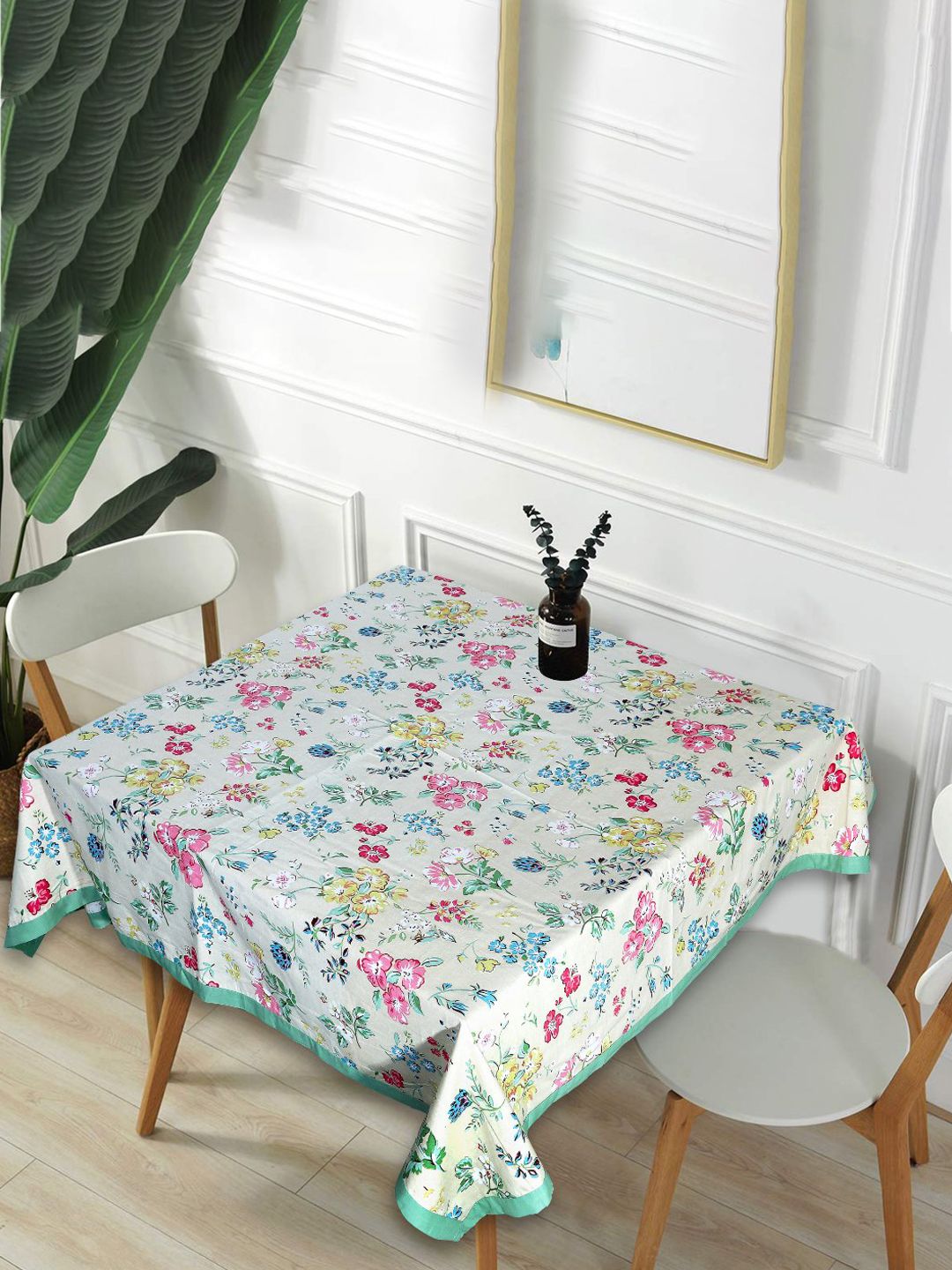 INDHOME LIFE White & Blue Floral Printed Pure Cotton 4-Seater Table Cover-picture-10