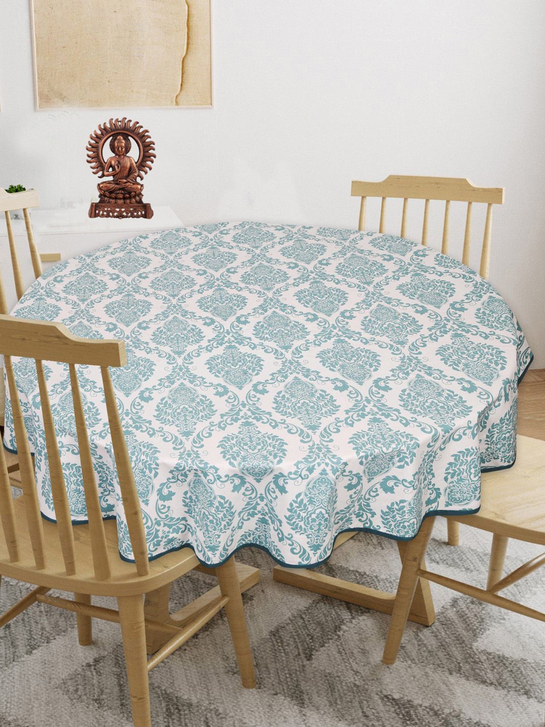 INDHOME LIFE White & Blue Ethnic Motif-Printed Pure-Cotton 4-Seater Table Cover-picture-27