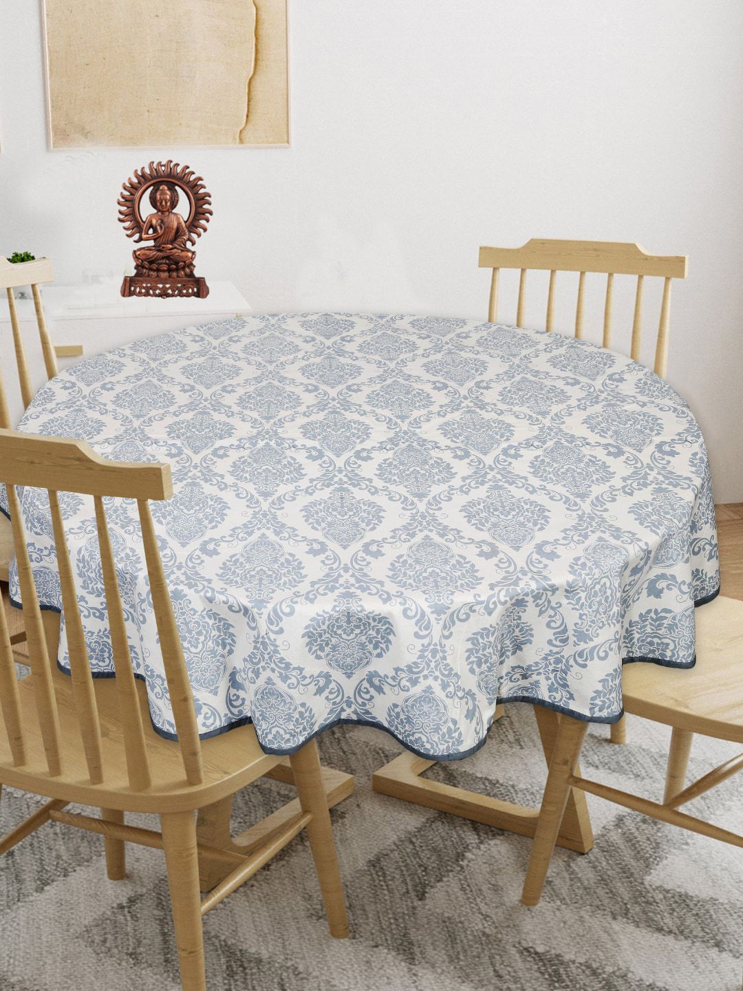 INDHOME LIFE White & Blue Floral-Printed Pure-Cotton 4-Seater Table Cover-picture-44
