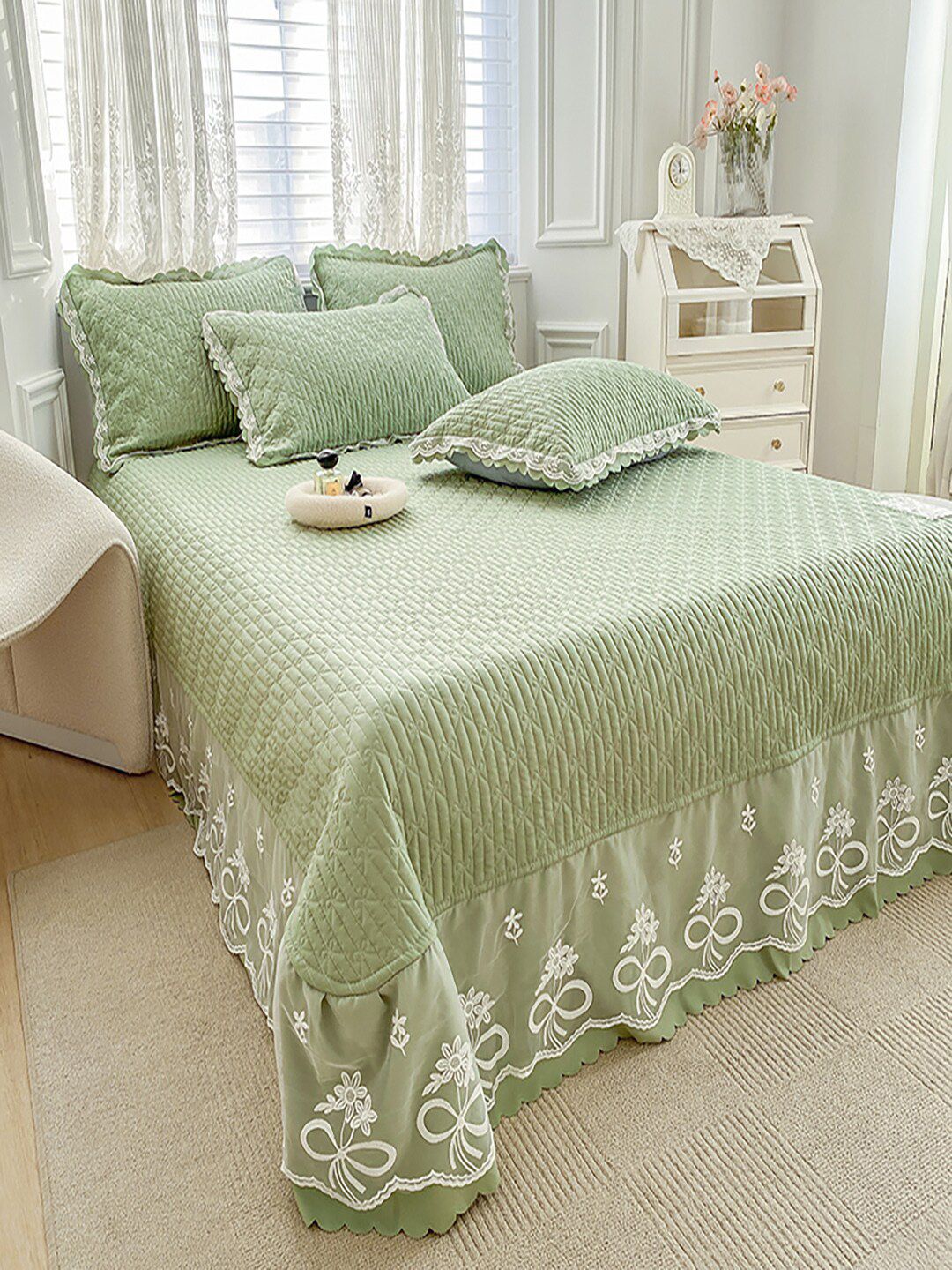 JC HOME Green & White Embroidered 162 TC Double Queen Bed Cover With 2 Pillow Covers-image-27