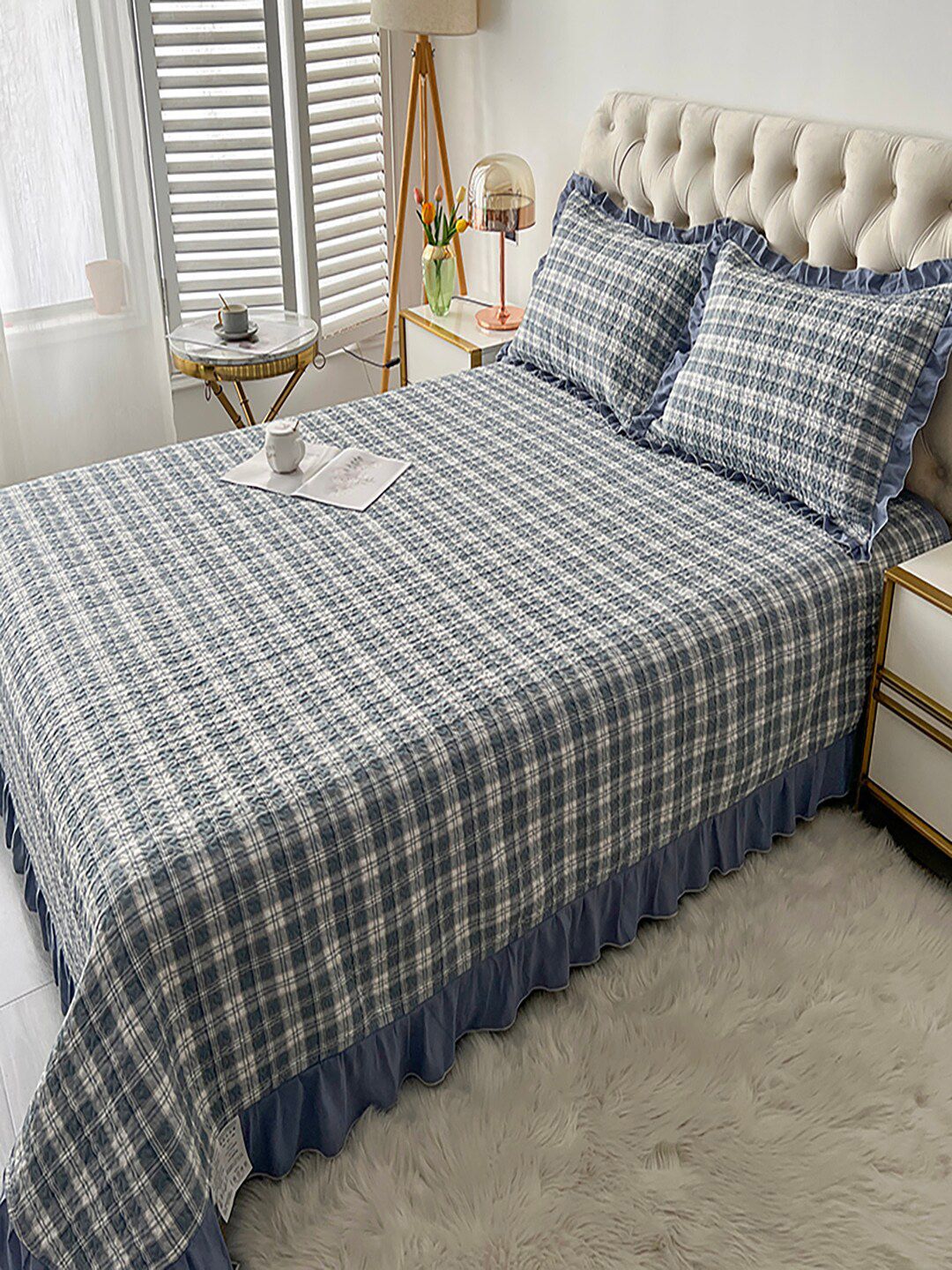 JC HOME Blue Checked 162 TC Double Bed Cover With 2 Pillow Covers-picture-37