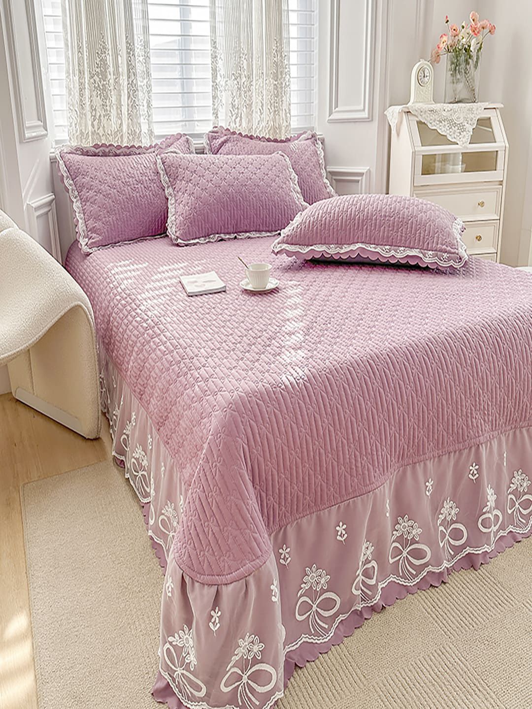 JC HOME Purple Textured 162TC Double Queen Bed Cover With Pillow Covers