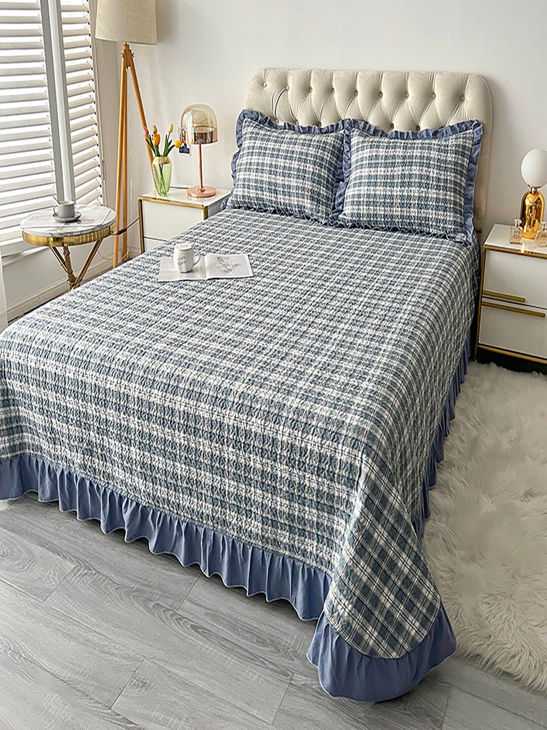 JC HOME Blue Checked 162TC Double King Bed Cover With 2 Pillow Covers-image-16
