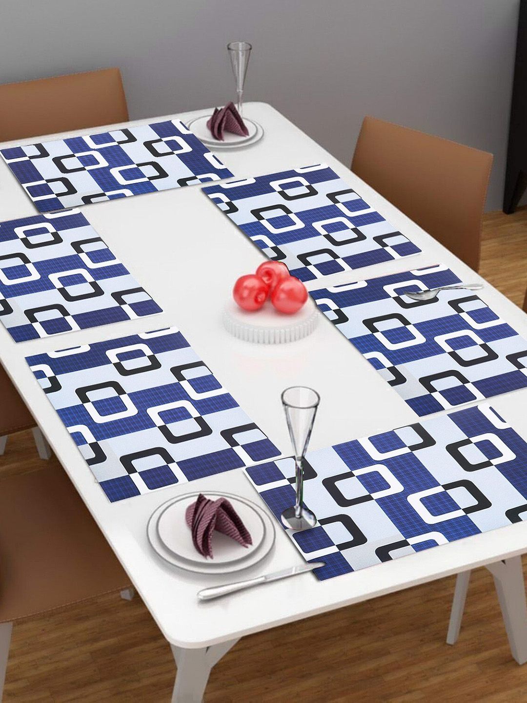 Dakshya Industries Blue & White 6 Pieces Geometric Printed Rectangular Table Placemats-picture-10