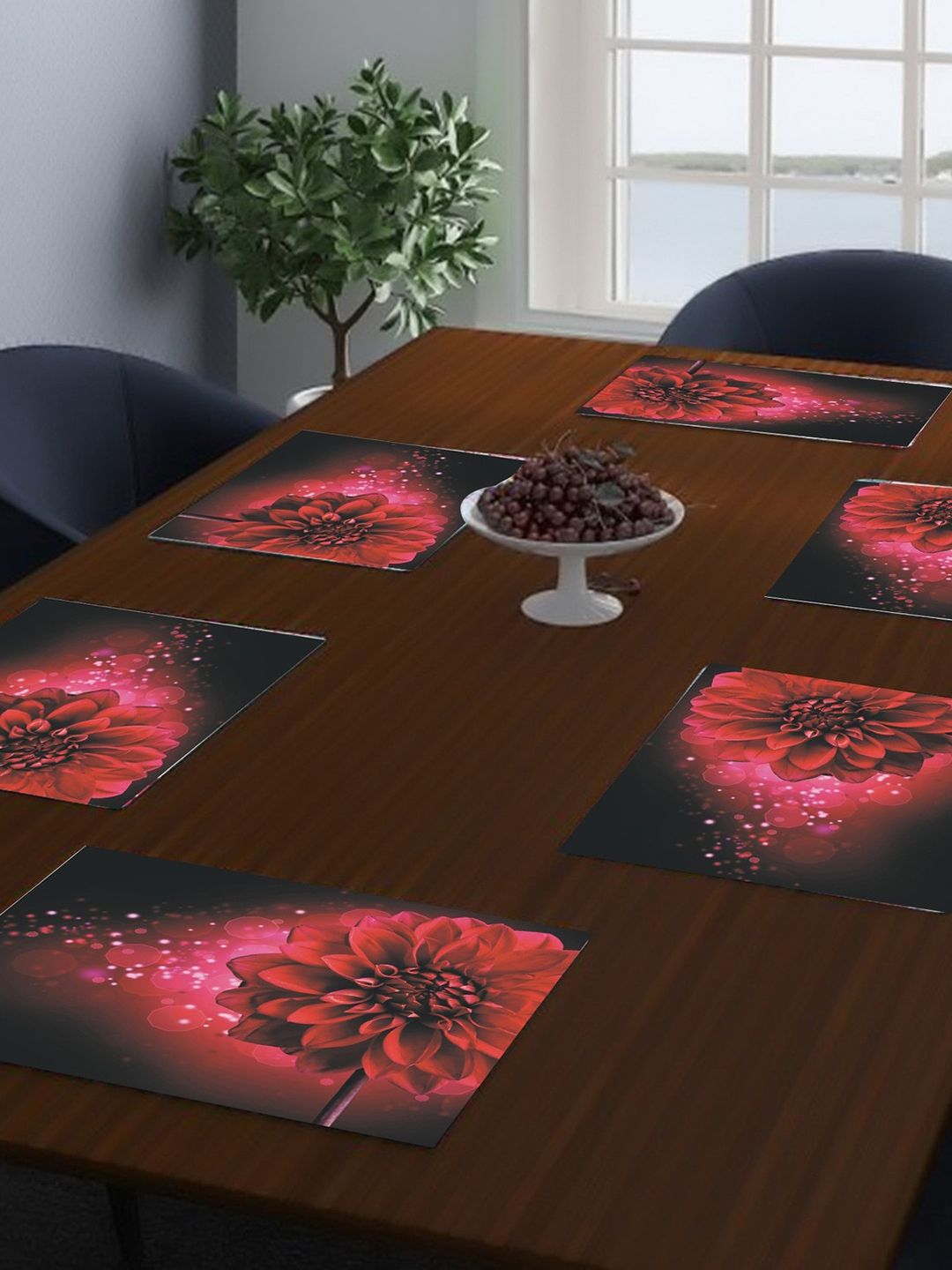 Dakshya Industries Maroon & Black 6 Pieces Floral Printed Rectangular Table Placemats-picture-12