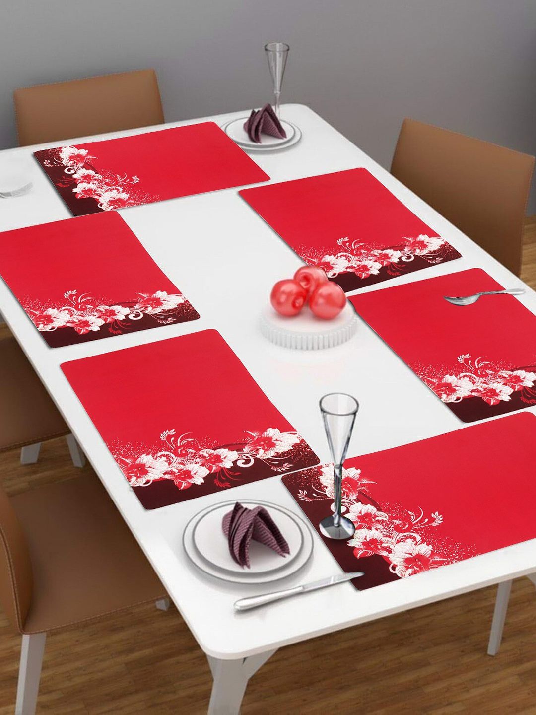Dakshya Industries Red & White 6-Pieces Floral Printed Rectangular Table Placemats-picture-22