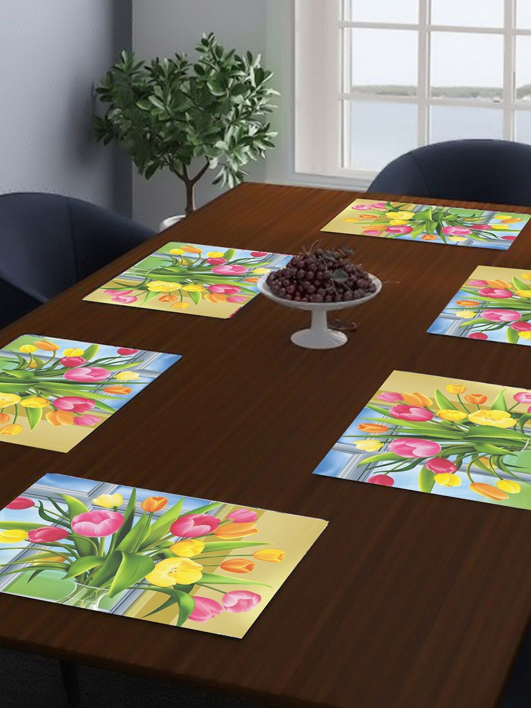 Dakshya Industries Yellow & Pink 6 Pieces Floral Printed Rectangular Table Placemats-picture-48